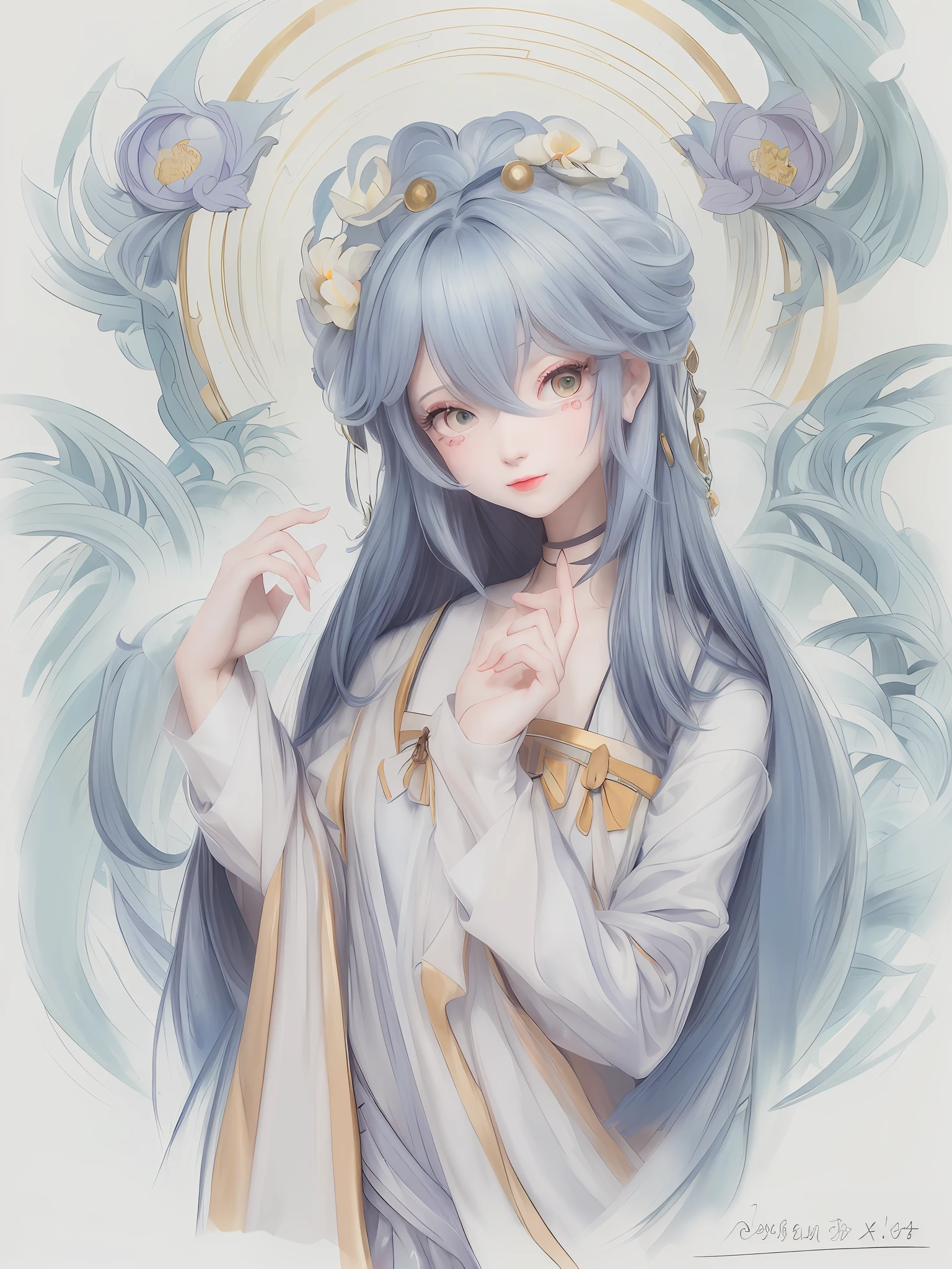 ((4k,masterpiece,best quality)), shuimobysim, Chinese painting, lotus, hanfu, maxiskit, dress conservatively 1girl, solo, long blue hair, smile, standing,