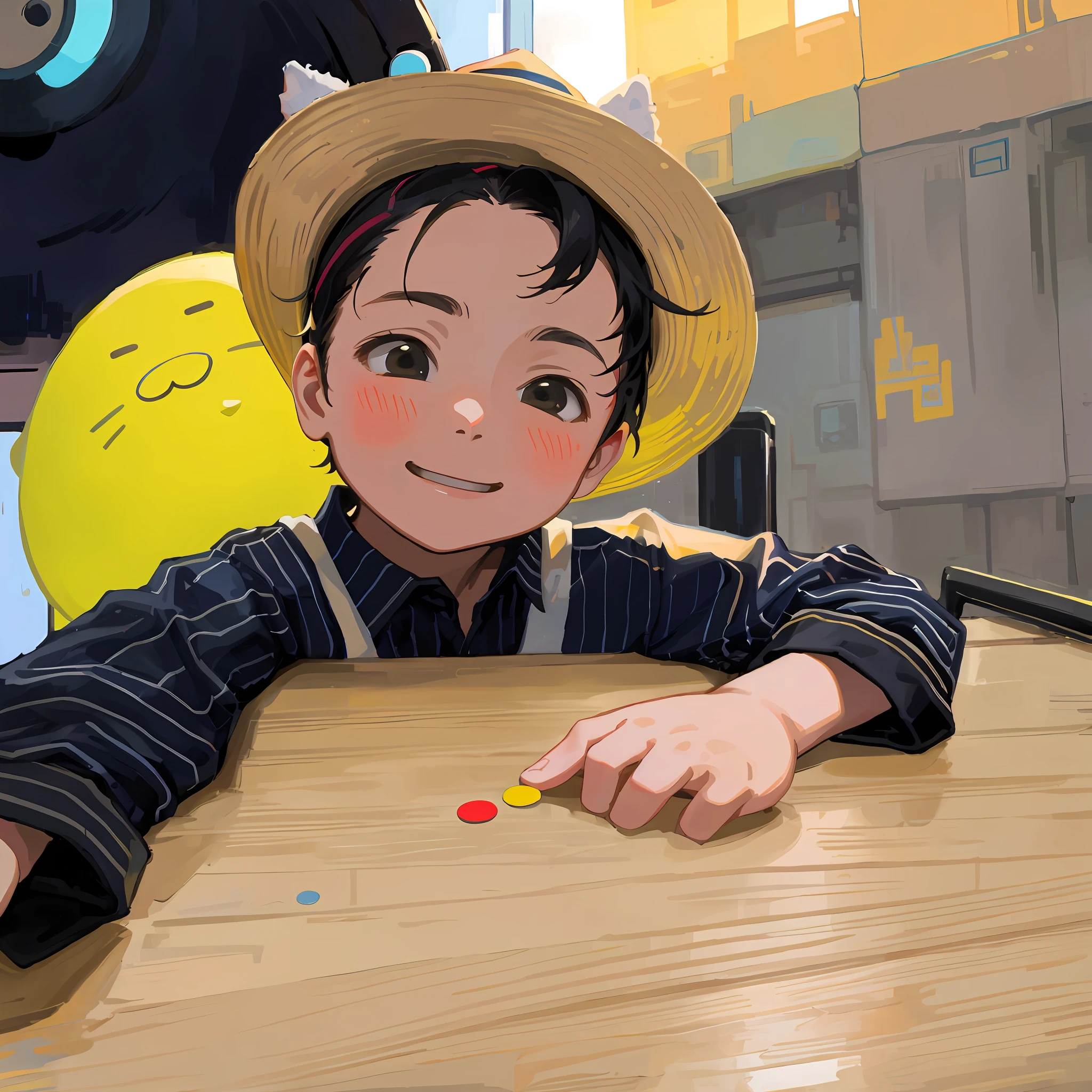 A high-quality masterpiece with a boy in a hat and striped shirt, kid, happy, cute, 4 years rpunk light, multi-color matching, Miyazaki style