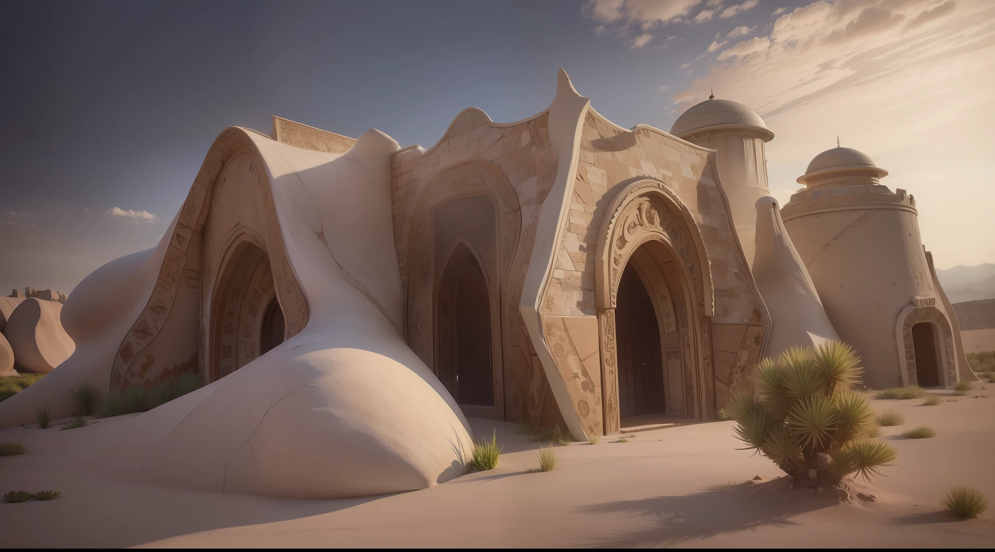 house made of stone, desert environment, Prehistory, impressive maximalist design, lots of light, hyper-realistic surrealism, award-winning masterpiece with incredible details, extremely detailed, rigid, refraction, surface depth of field, volumetric light and shadow, ray tracing, light rays, 8K, in the style of the movie Forbidden Planet