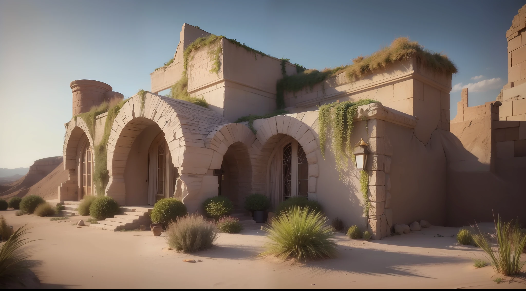 house made of stone, desert environment, Prehistory, impressive maximalist design, lots of light, hyper-realistic surrealism, award-winning masterpiece with incredible details, extremely detailed, rigid, refraction, surface depth of field, volumetric light and shadow, ray tracing, light rays, 8K, in the style of the movie Forbidden Planet