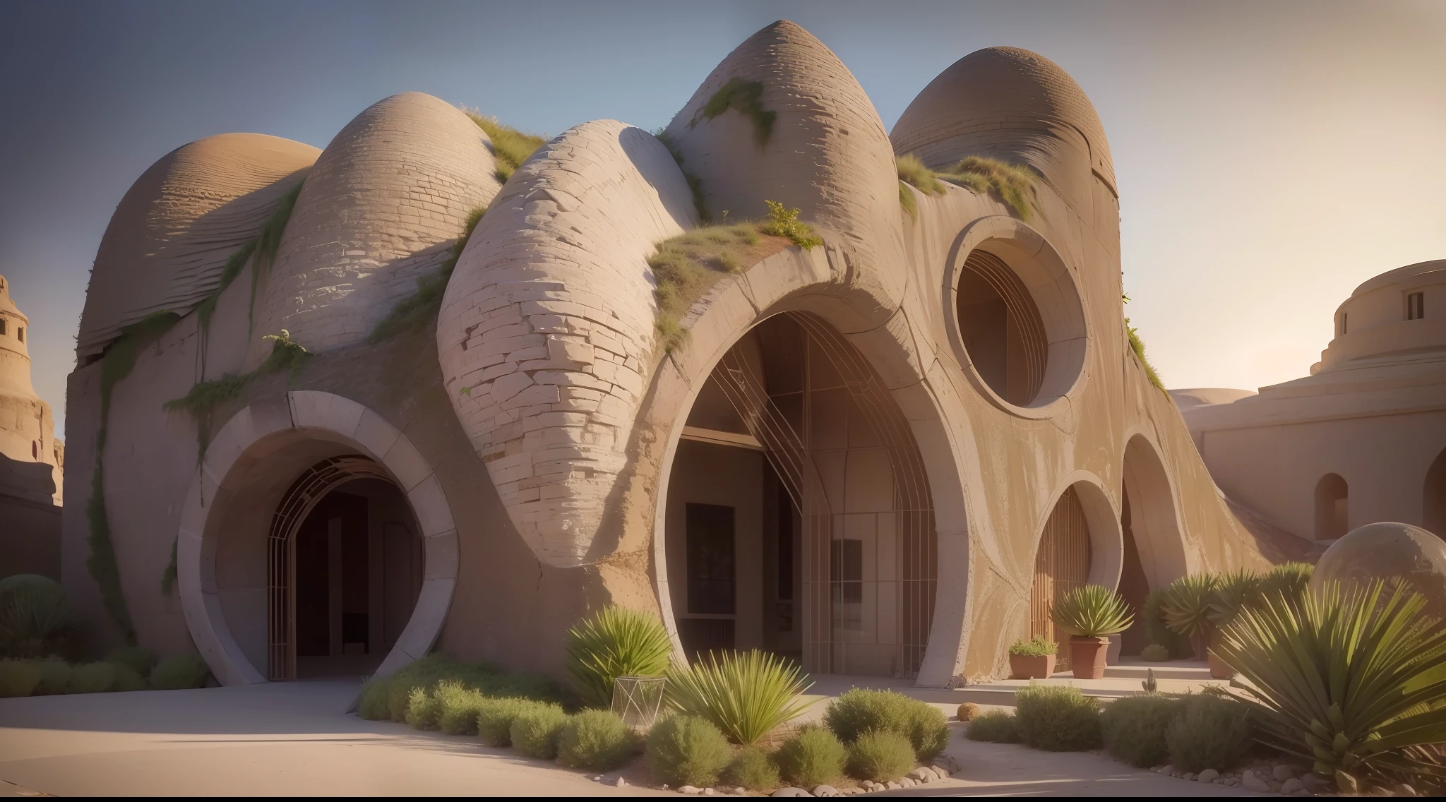 house made of stone, desert environment, Prehistory, impressive maximalist design, lots of light, hyper-realistic surrealism, award-winning masterpiece with incredible details, extremely detailed, rigid, refraction, surface depth of field, volumetric light and shadow, ray tracing, light rays, 8K, in the style of the movie Forbidden Planet