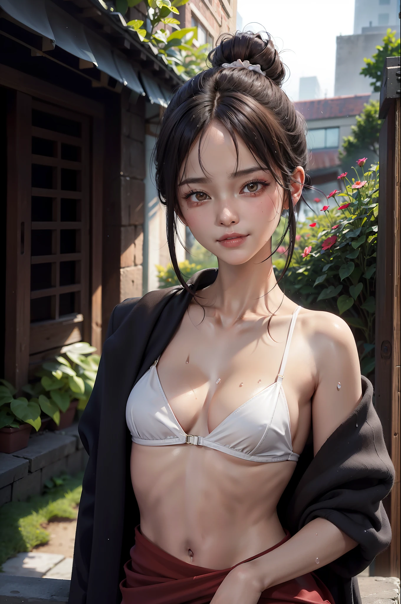 (Best Quality: 1.1), (Masterpiece: 1.2), Portrait,
1 Girl, yuzuriha_, Black hair, Brown eyes, Ninja, Open clothing, Cleavage, Small tits, Top knot, Medium hair, Detached breasts, White band, Grinning, Outdoors, (blush:1.1), Flowers,
Pure_Innocent_girl, pureerosface_v1, ((torso))), subjective, (((depth of field)))), pale and shiny skin, sweaty, wet skin