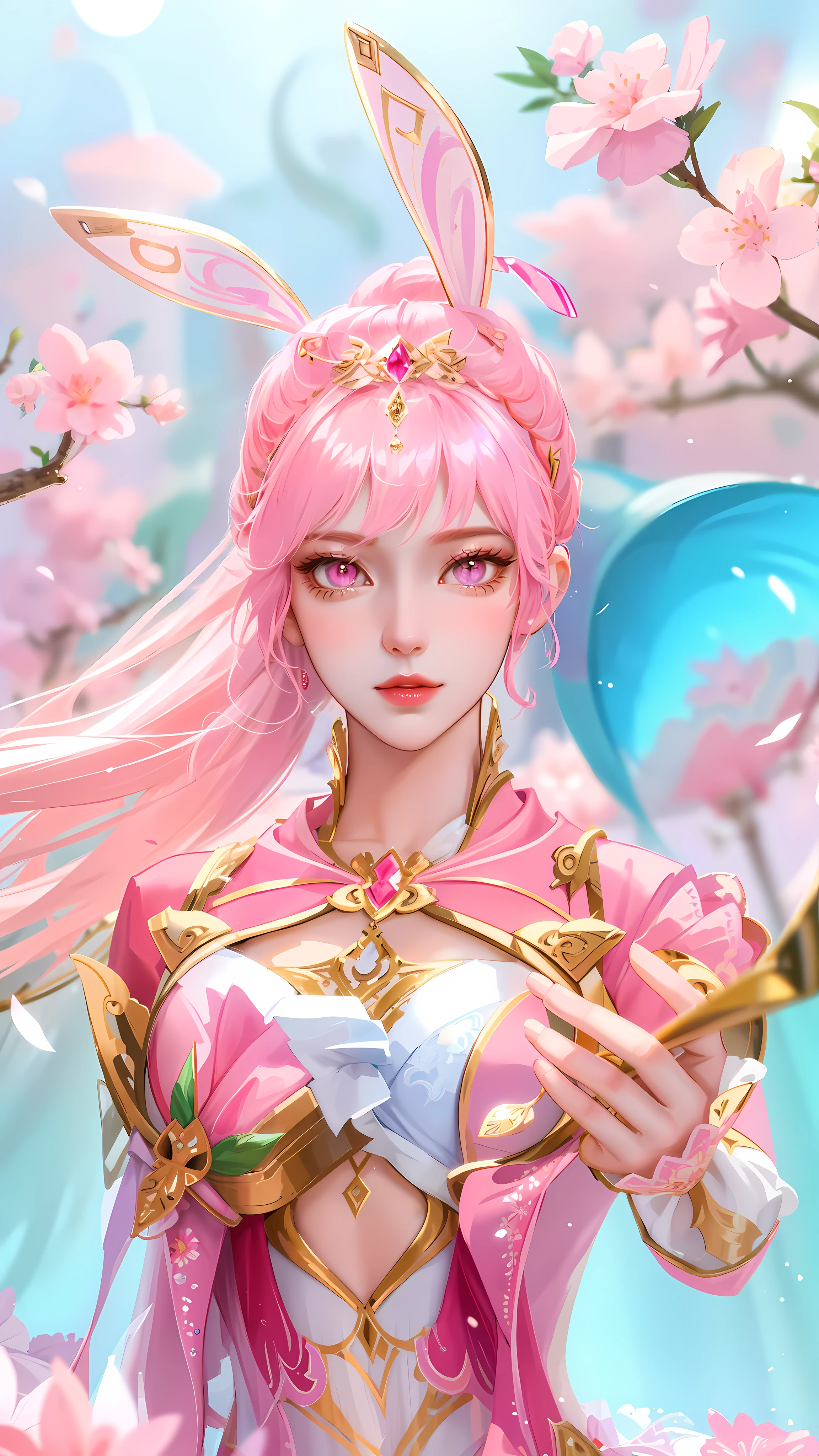 Best Quality, Superb Picture Quality, 8K, Masterpiece: 1.2, Ultra Detailed, Pink Clothes, Beautiful Character Painting, Little Dance Inspired by Douluo Continent, Epic Exquisite Character Art, Ultra-detailed Clothing Details, Light Pink Eyes