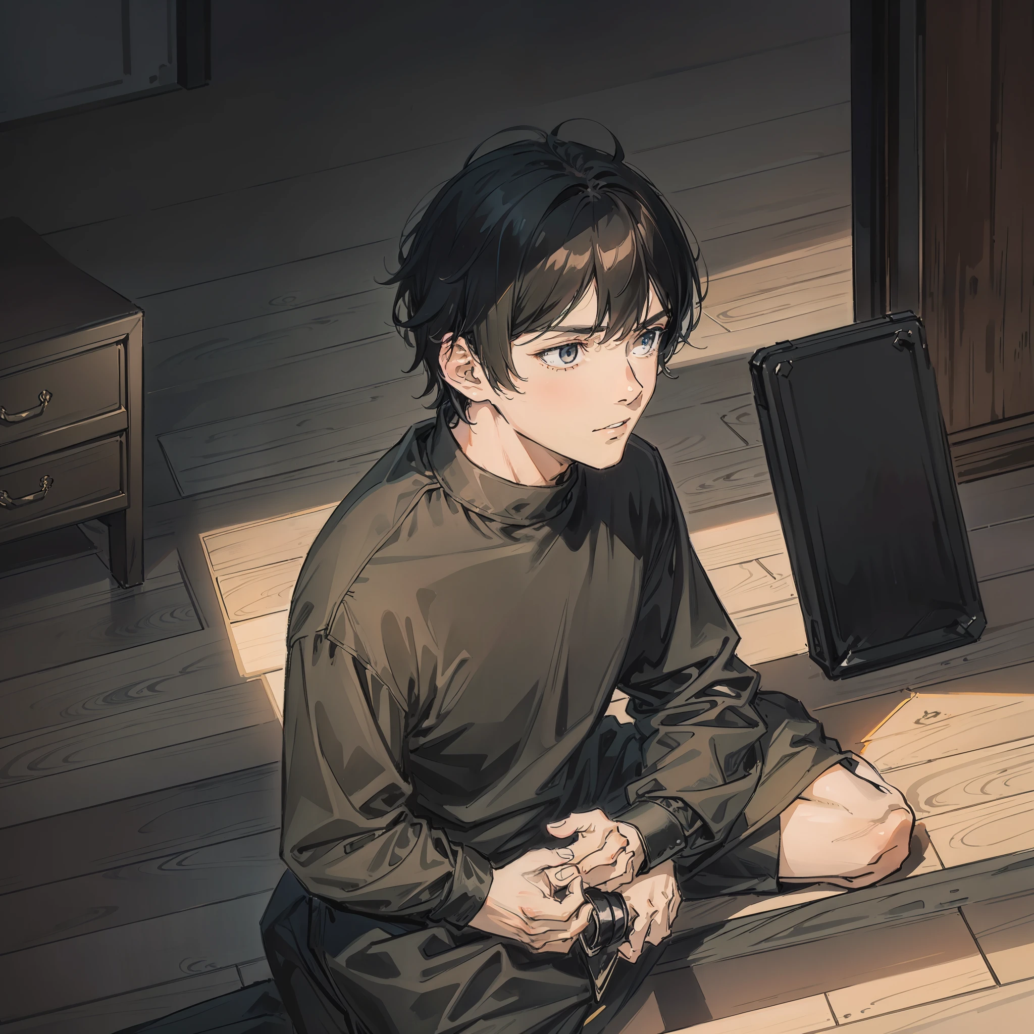 A man, black-haired, medium-haired, wearing a black shirt, sat on the floor in the room, holding a black guitar