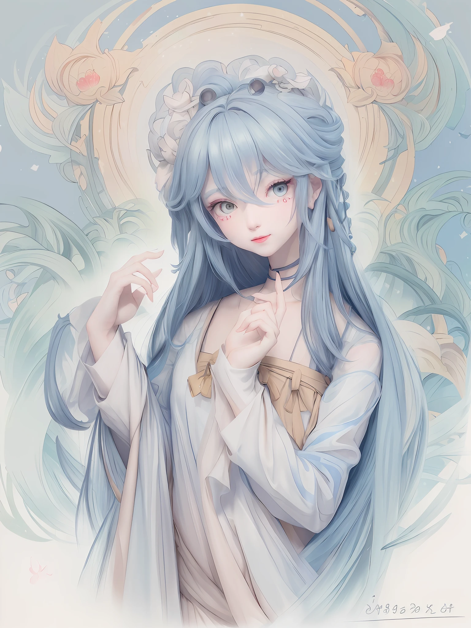 ((4k,masterpiece,best quality)), shuimobysim, Chinese painting, lotus, hanfu, maxiskit, dress conservatively 1girl, solo, long blue hair, smile, standing,