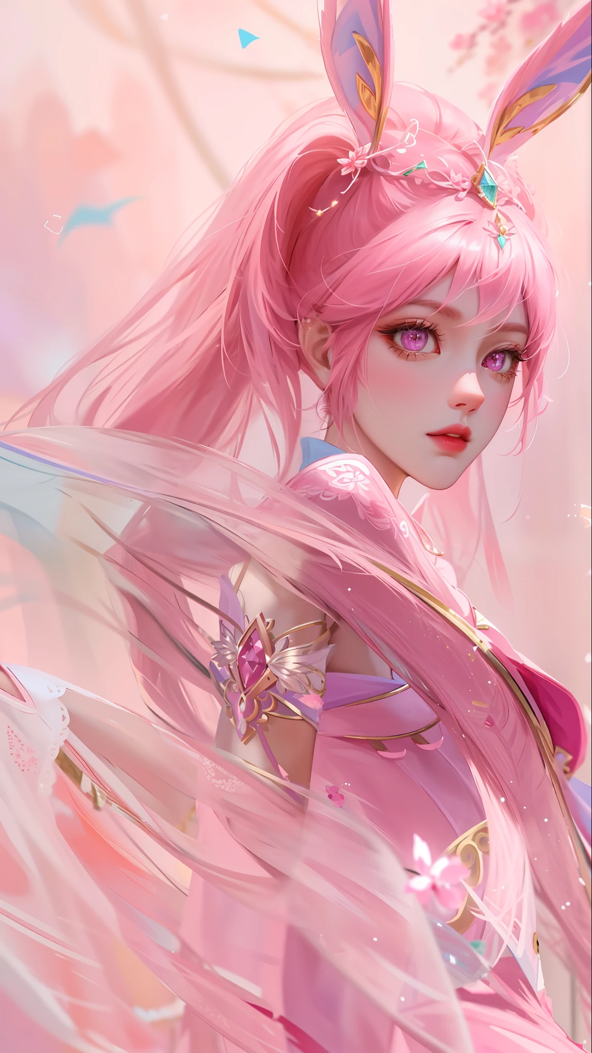 Best Quality, Superb Picture Quality, 8K, Masterpiece: 1.2, Ultra Detailed, Pink Clothes, Beautiful Character Painting, Little Dance Inspired by Douluo Continent, Epic Exquisite Character Art, Ultra-detailed Clothing Details, Light Pink Eyes
