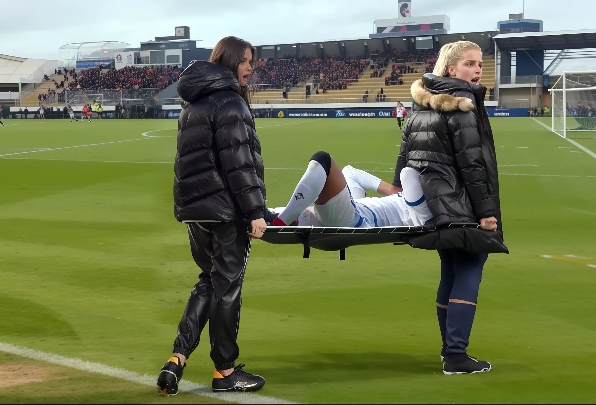 black shiny down jackets, shiny down jackets, there are longhaired woman who are wearing very high-gloss and waterproof puffy jackets and shiny leather pants, the women are carrying a stretcher in a sports stadium, on the stretcher there is lying a young Caucasian football player, the football player is wearing a white short-sleeved shirt and white shorts, the soccer player is lying on his back on the stretcher and is covering his face with both hands, the women are angry and are shouting out loud, the women are frightened and are looking very concerned, the woman are  in love with the soccer player, the women are carrying the stretcher out of the soccer field, the sports field in the background is a soccer field with a large visitors' stand, a soccer match is playing in the background, dramatic action pose, dramatic suffering pose, accident scene, first-aid-scene, theatralic pity poses