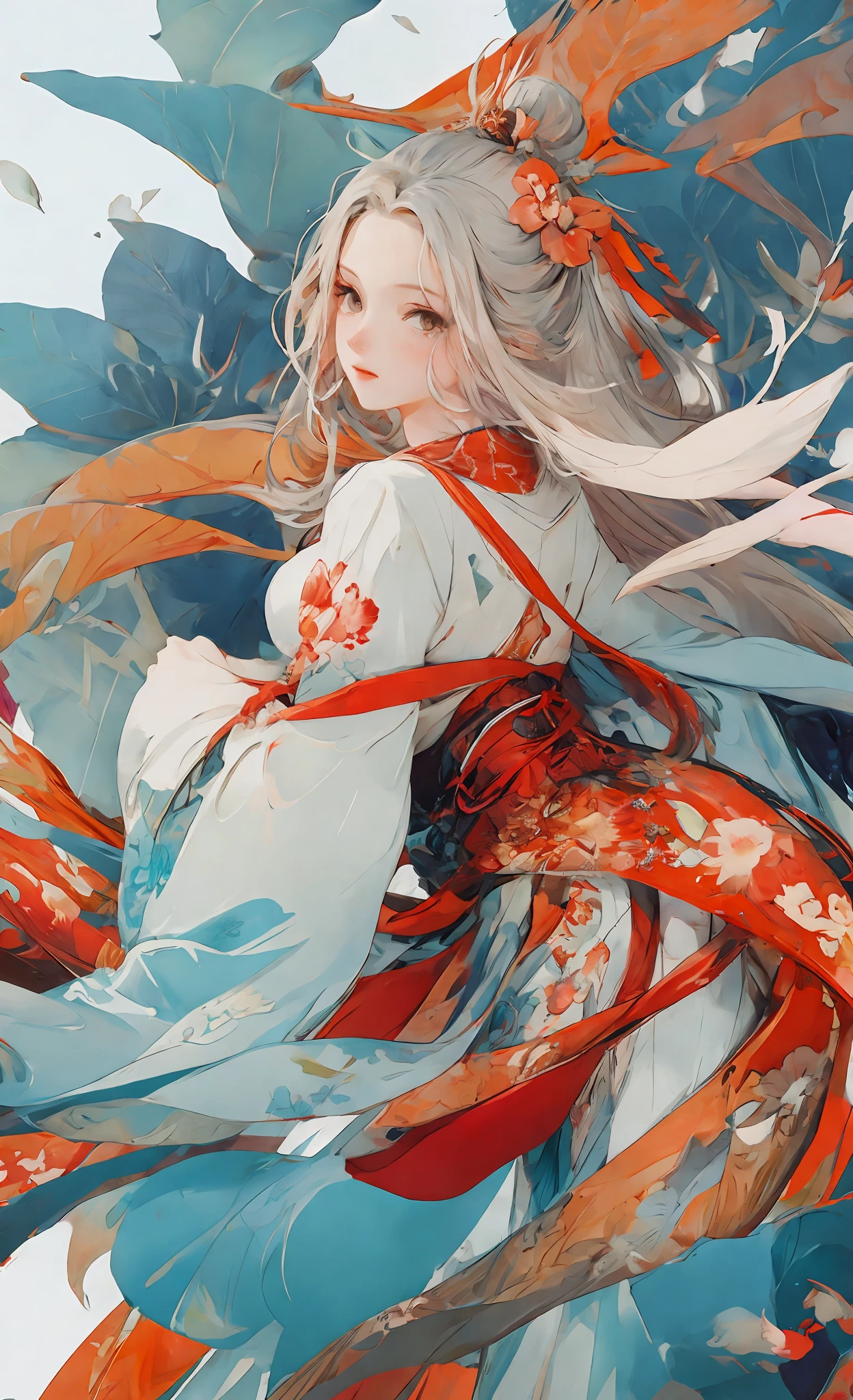 Cold facial features, high nose bridge, slender eyes, hanging eyes, adult female, thirty-year-old female, serious expression, cold, masterpiece, best quality, official art, 8k wallpaper, very detailed, a girl, ancient chinese clothing, full body, sunlight, clear face, clean white background, masterpiece, super detail, epic composition, ultra hd, high quality, extremely detailed, official art, uniform 8k wallpaper, super detail, 32k red pupils, an extremely delicate and beautiful girl, 8k wallpaper, Best quality, full body close-up, white long dress, luxurious silky bright red chiffon flood (illusion, glitter, ultra-thin, soft,) Hanfu illustration, 1 girl, sky blue hair, long hair, detailed eyes, Forrest Gump, bare shoulders, Hanfu, lake, pure, soft smile, bamboo, tea, high quality, masterpiece, masterpiece, exquisite facial features, delicate hair, delicate eyes, delicate colored hair, 4K picture quality, brilliant light and shadow, Tyndall effect, halo, messy hair, youthful state, gorgeous scene, exquisite clothes, chains , feathers, big eyes of ancient Chinese beauties very detailed, digital painting, artstation, concept art, clear focus, illustration, art by Greg Rutkowski and Alphonse Mucha and Victo ngai