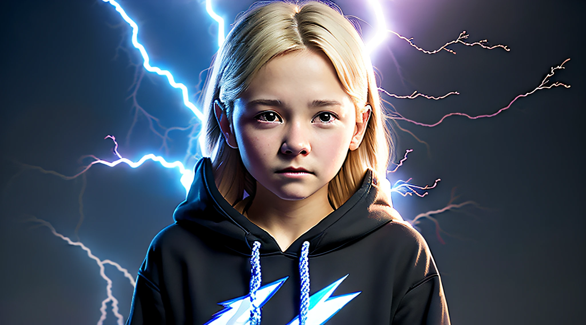  blonde girl, a portrait, wearing a black hoodie and letting out lightning bolts with her fingers, real UHD, real life, masterpiece, ccurate, textured skin, super detail, best quality, high quality, high details, 4K