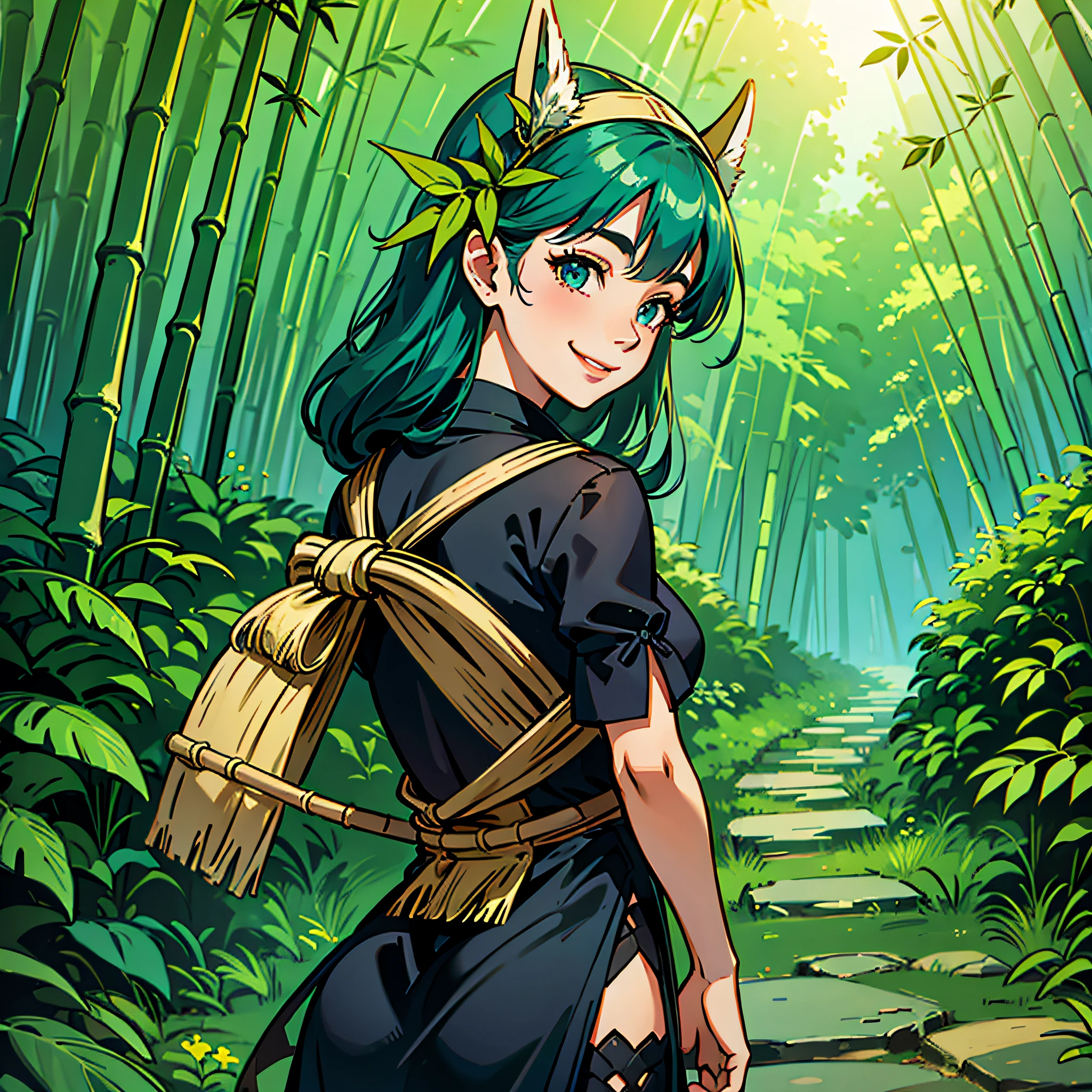 A girl in costume smiling back on the bamboo forest path --auto --s2