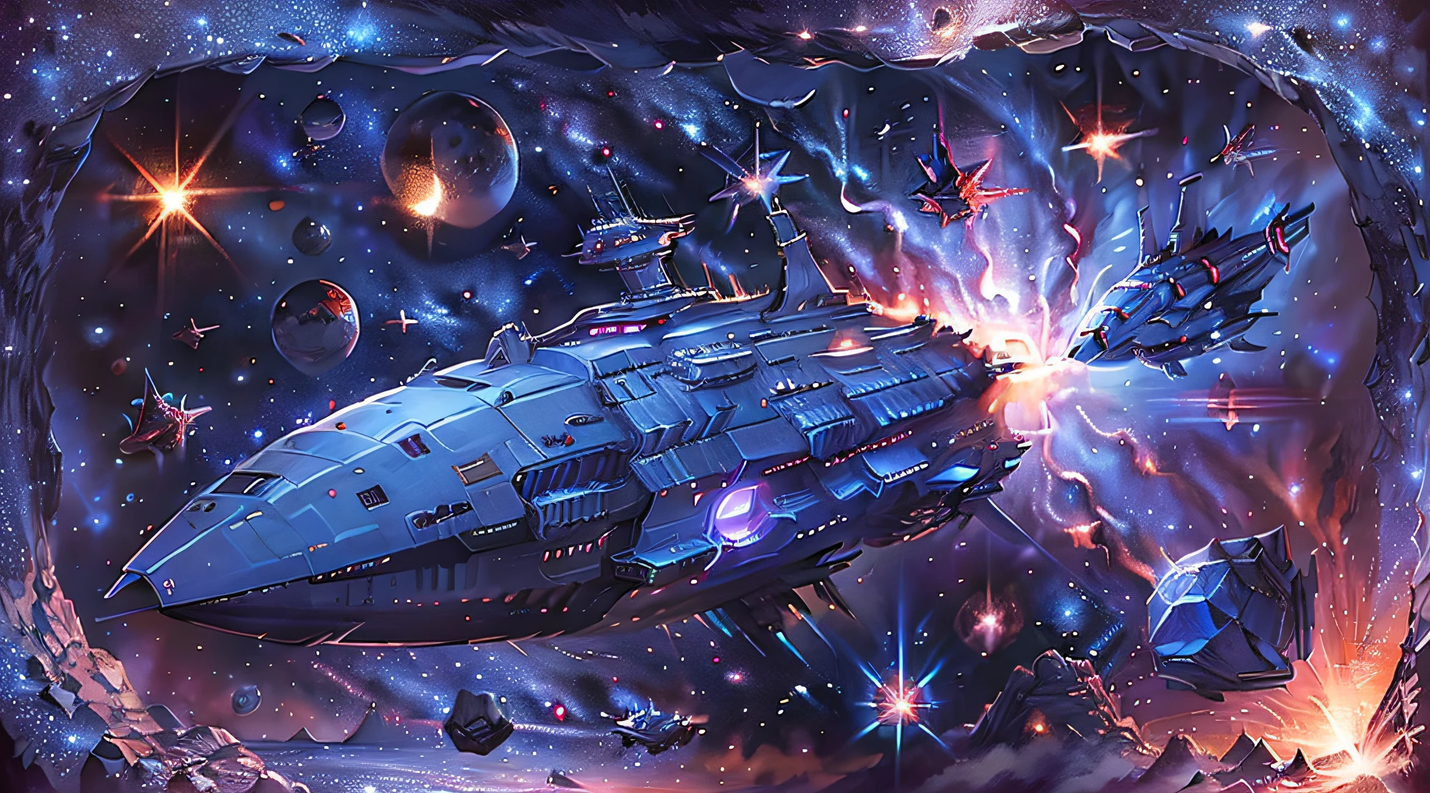 best quality, realistic, photorealistic, extremly detailed, spaceship, battleship, cruiser, nebula, stars, lasers, rockets, space battle, space opera, galaxy, fighter, vivid colors, vibrant, eternity, deep space