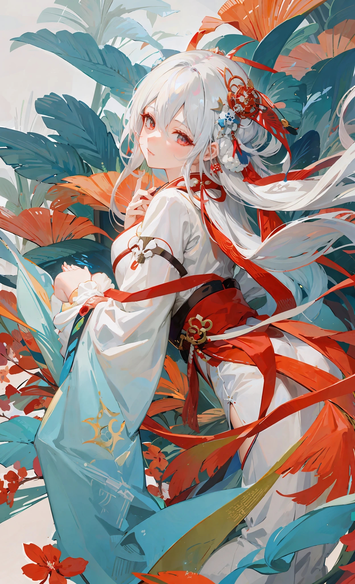 anime girl with long white hair and blue dress with red feathers, white haired deity, palace , a girl in hanfu, anime style 4 k, anime art wallpaper 8 k, onmyoji detailed art, guweiz, anime art wallpaper 4 k, anime art wallpaper 4k, guweiz on pixiv artstation, onmyoji