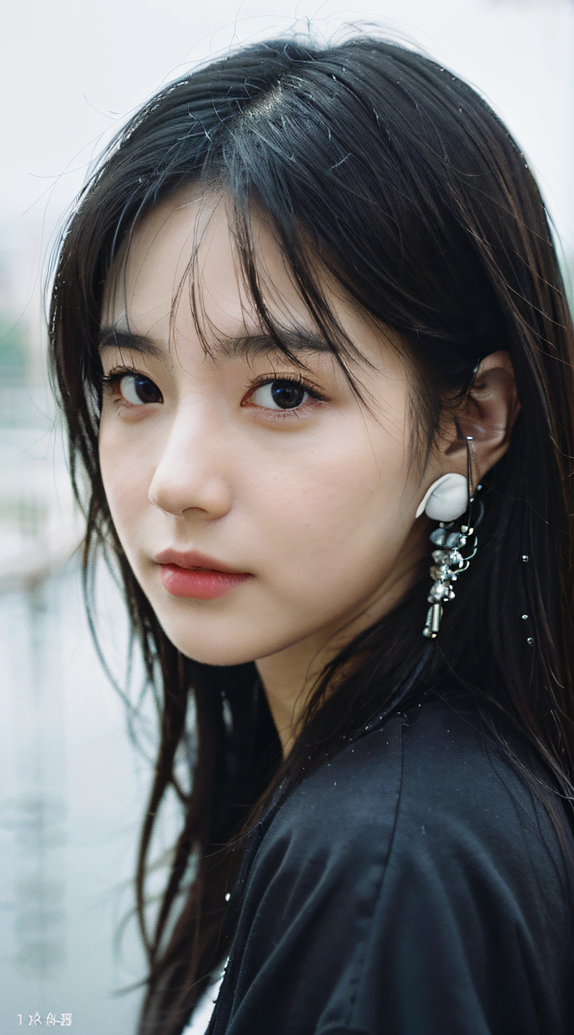 Best Quality, Masterpiece, Ultra High Resolution, (Realistic: 1.4), Original Photo, Head Photo, Skin, Simple Background, Black Eyes, Detail, Selfie, 1 Girl, Listening to Music, Rainy Day,