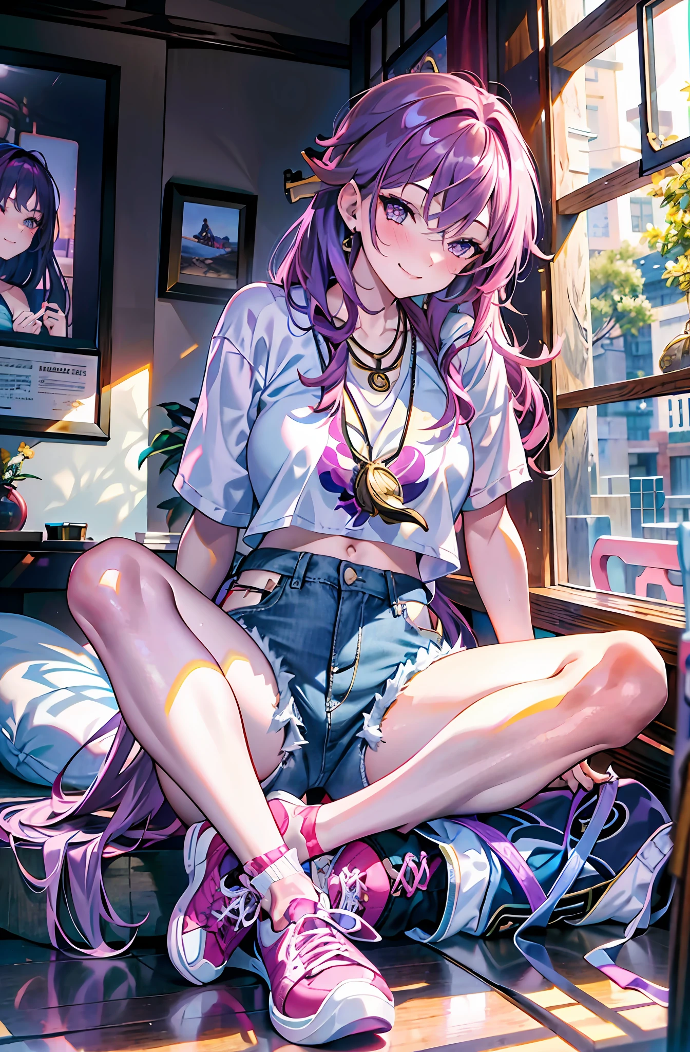 masterpiece, best quality, photorealistic, (indoors:1.2), beautiful lighting, cinematic lighting, bedroom, on bed, lamp, poster,two girl
AND two girl,yae miko, pink hair, teasing, smug, smirk, head tilted, knee up, looking at viewer, glossy skin, sitting, medium breasts, dolphin shorts, denim, navel, midriff, nose blush, necklace, (sneakers:1.2), leaning on person,genshin impact,
AND two girl,raiden shogun, purple hair, purple eyes, serious, blush, looking at viewer, single braid, shirt, long hair, crossed legs, glossy skin, knee up, arm rest, sitting medium breasts, dolphin shorts, denim, smile, necklace,(sneakers:1.2), looking at another, half closed eyes,genshin impact,