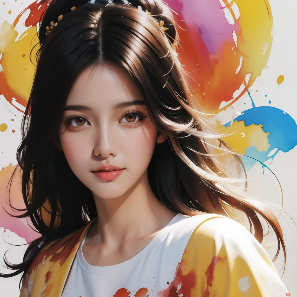 (masterpiece), best quality, watercolor style, girl drawing, paint splashes, black hair, brown eyes, colorful background, impressionist style.