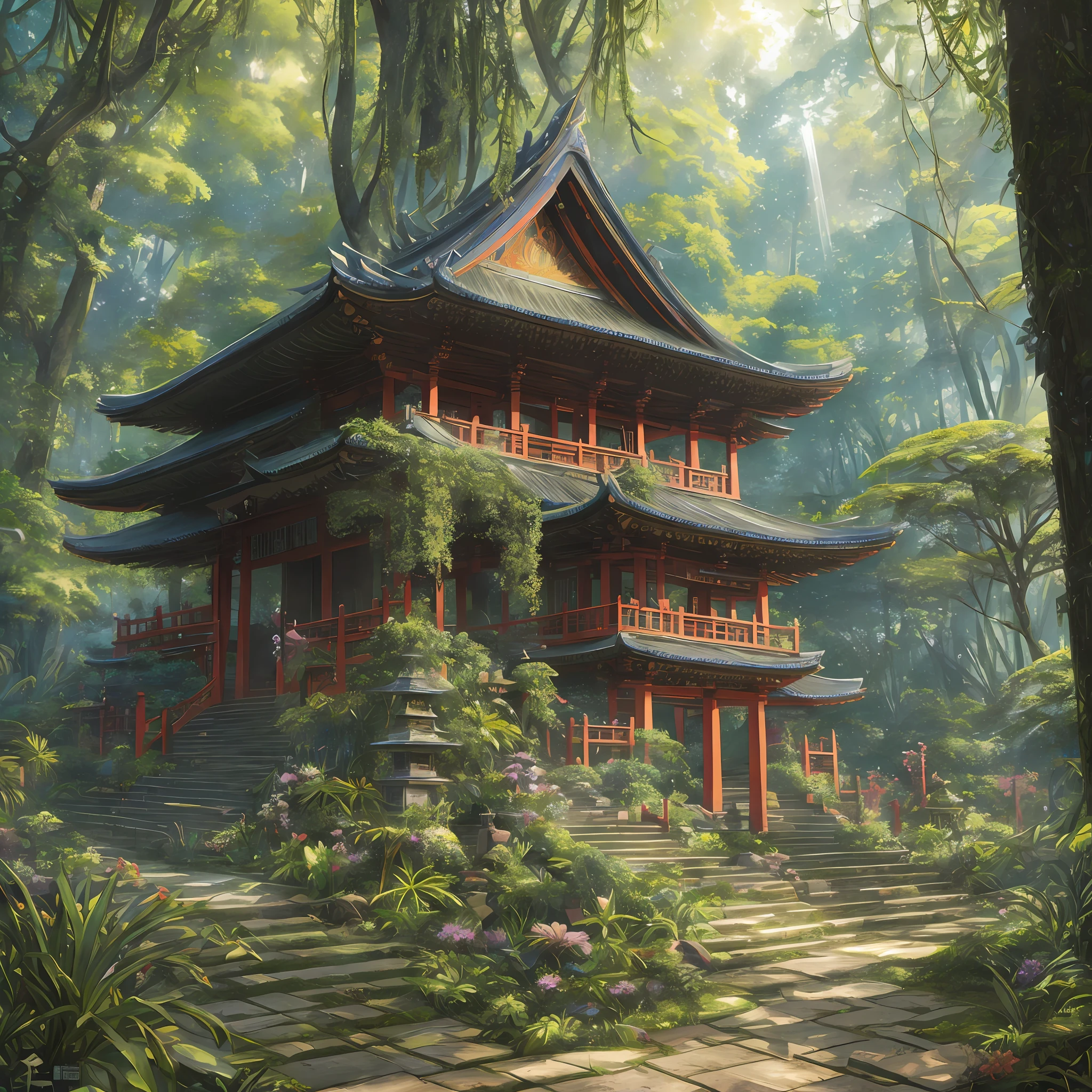 Digital illustration, detailed and intricate, of a dense jungle filled with exotic plants and animals, the sunlight filtering through the canopy to a Buddhist temple and torii. Dark and dirty prism effect.In the style of Yoshitaka Amano and Hayao Miyazaki, masterpiece, proportional, detailed, trending on artstation, beautiful lighting, realistic, intricate, award winning, 4k, highest quality Award-winning, 4K digital painting in the style of Yoshitaka Amano. Detailed and intricate depiction of a zombie apocalypse, masterfully capturing the chaos and drama of the scene. Beautiful lighting and cinematic composition make this piece a true masterpiece, trending on artstation --auto --s2