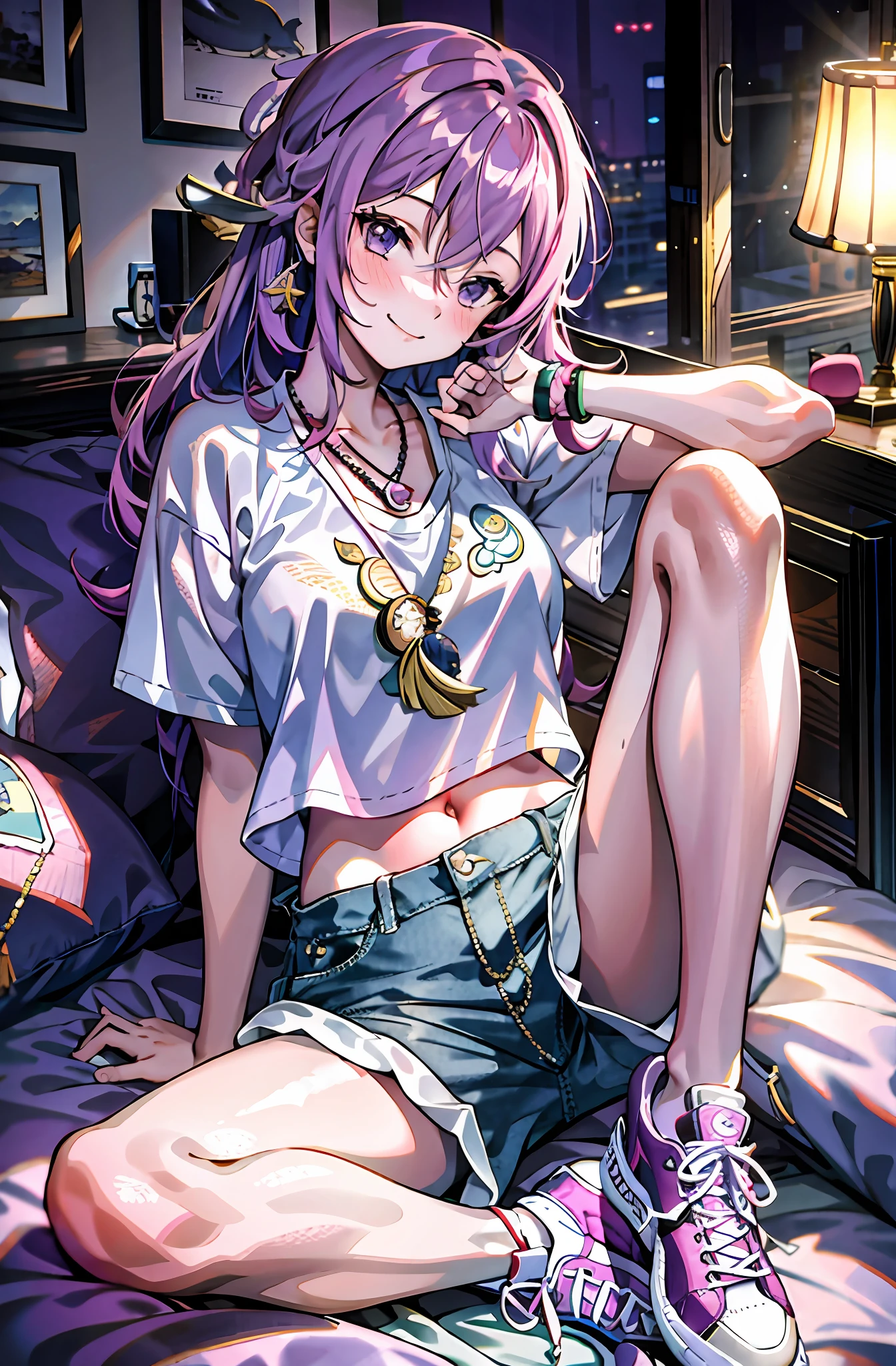 masterpiece, best quality, photorealistic, (indoors:1.2), beautiful lighting, cinematic lighting, bedroom, on bed, lamp, poster,two girl
AND two girl,yae miko, pink hair, teasing, smug, smirk, head tilted, knee up, looking at viewer, glossy skin, sitting, medium breasts, dolphin shorts, denim, navel, midriff, nose blush, necklace, (sneakers:1.2), leaning on person,genshin impact,
AND two girl,raiden shogun, purple hair, purple eyes, serious, blush, looking at viewer, single braid, shirt, long hair, crossed legs, glossy skin, knee up, arm rest, sitting medium breasts, dolphin shorts, denim, smile, necklace,(sneakers:1.2), looking at another, half closed eyes,genshin impact,