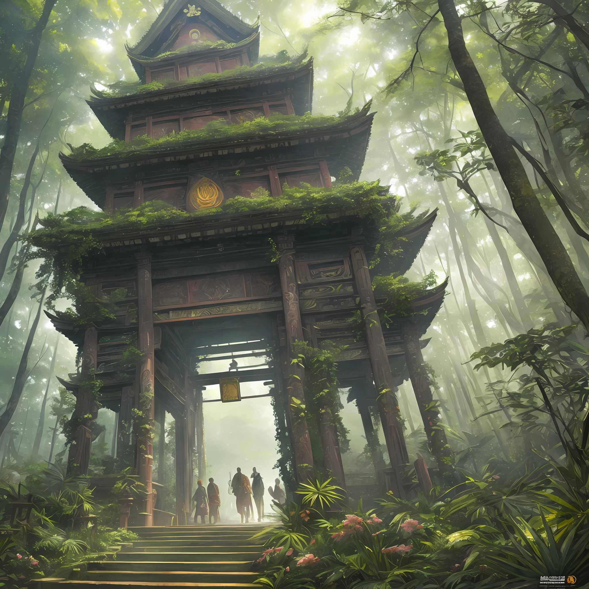 Digital illustration, detailed and intricate, of a dense jungle filled with exotic plants and animals, the sunlight filtering through the canopy to a Buddhist temple and torii. Dark and dirty prism effect.In the style of Yoshitaka Amano and Hayao Miyazaki, masterpiece, proportional, detailed, trending on artstation, beautiful lighting, realistic, intricate, award winning, 4k, highest quality Award-winning, 4K digital painting in the style of Yoshitaka Amano. Detailed and intricate depiction of a zombie apocalypse, masterfully capturing the chaos and drama of the scene. Beautiful lighting and cinematic composition make this piece a true masterpiece, trending on artstation --auto --s2
