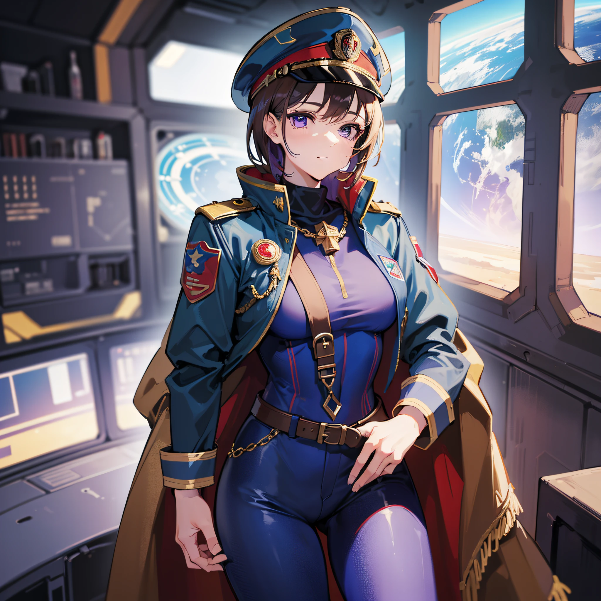 ((Masterpiece)), ((highest image quality)), ((highest image quality)), (illustration of one girl), full body, 25 years old, neutral, elite, brown-haired very short hair, purple eyes, ((tall)), ((muscular strong body)), (military uniform)), ((military hat)), ((military coat)), (dark blue clothes), (dark blue pants), ((red hat)), trench coat, (((in spaceship)), ( Outside the window, space, Earth seen from space, spaceport)