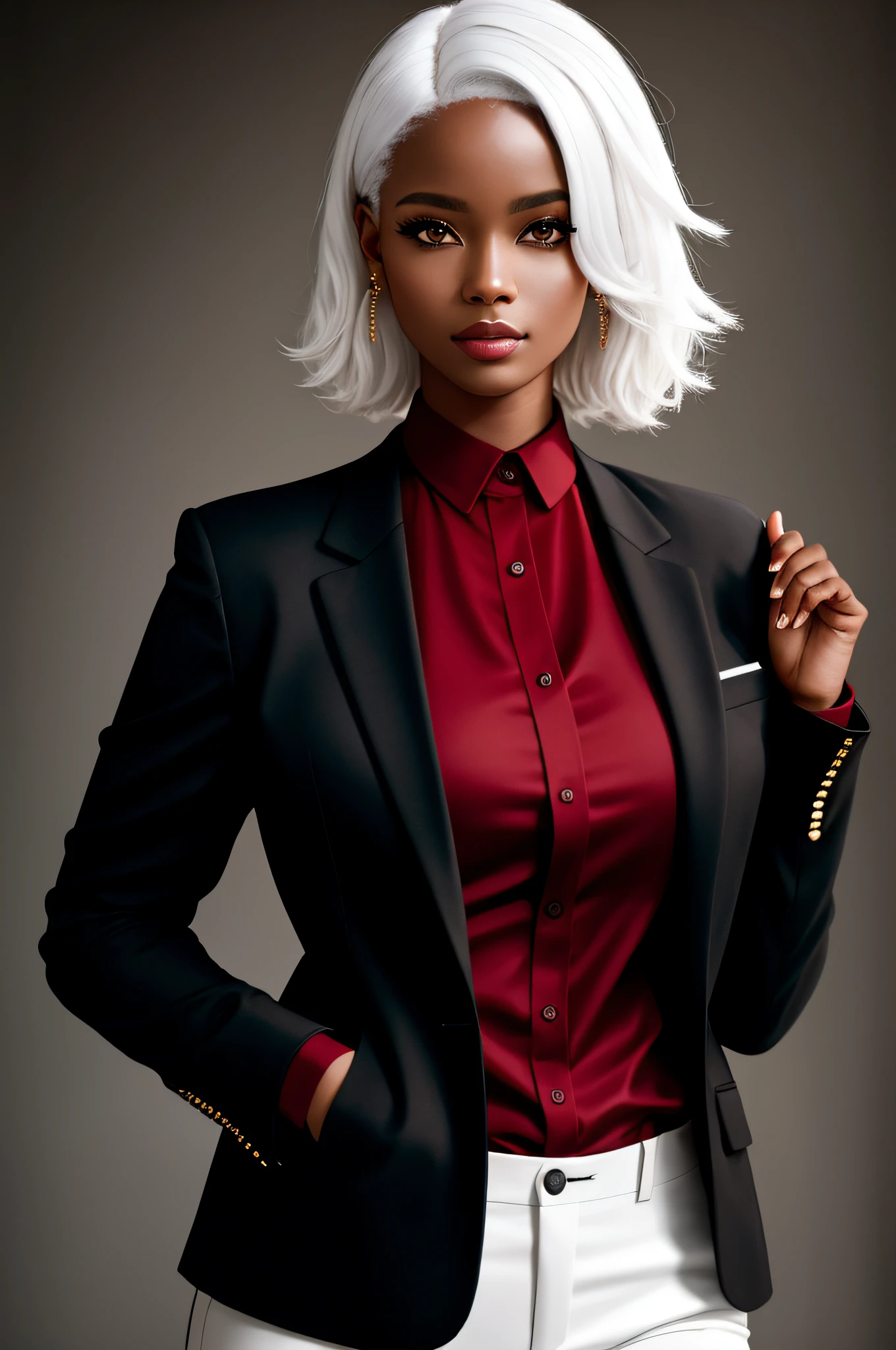 Best quality, masterpiece, high resolution, 1 young black woman, dressed in black choir pants and jacket,red blouse,white hair, beautiful face, physique, Tyndall effect, realistic, dark studio, rim lighting, duotone lighting, (high detail skin: 1.2), 8k uhd, DSLR, soft light, high quality, volumetric light, stealth shot, photo, high resolution, 4k, 8k, bokeh