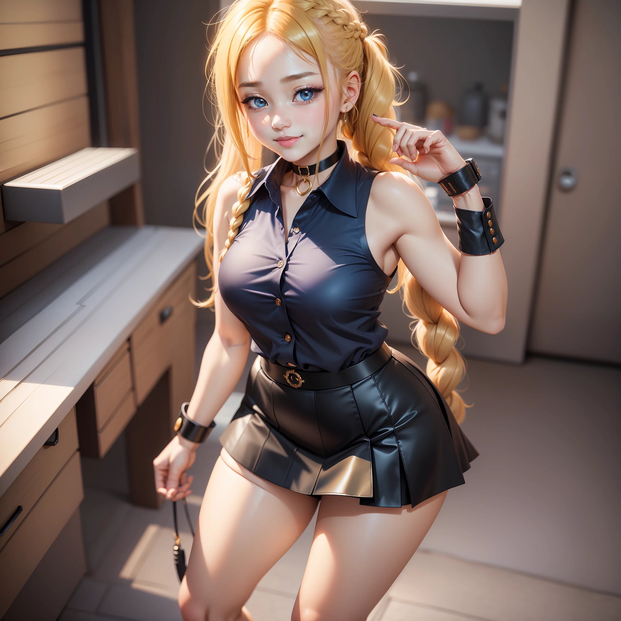 best quality, ultra high res, 1girl, sleeveless blue button shirt, black skirt, black choker, cute, (Kpop idol), (aegyo sal:1), (golden blonde hair:1), long braided hair, ((puffy eyes)), looking at viewer, full body, facing front, glow skin, smile, thick ass