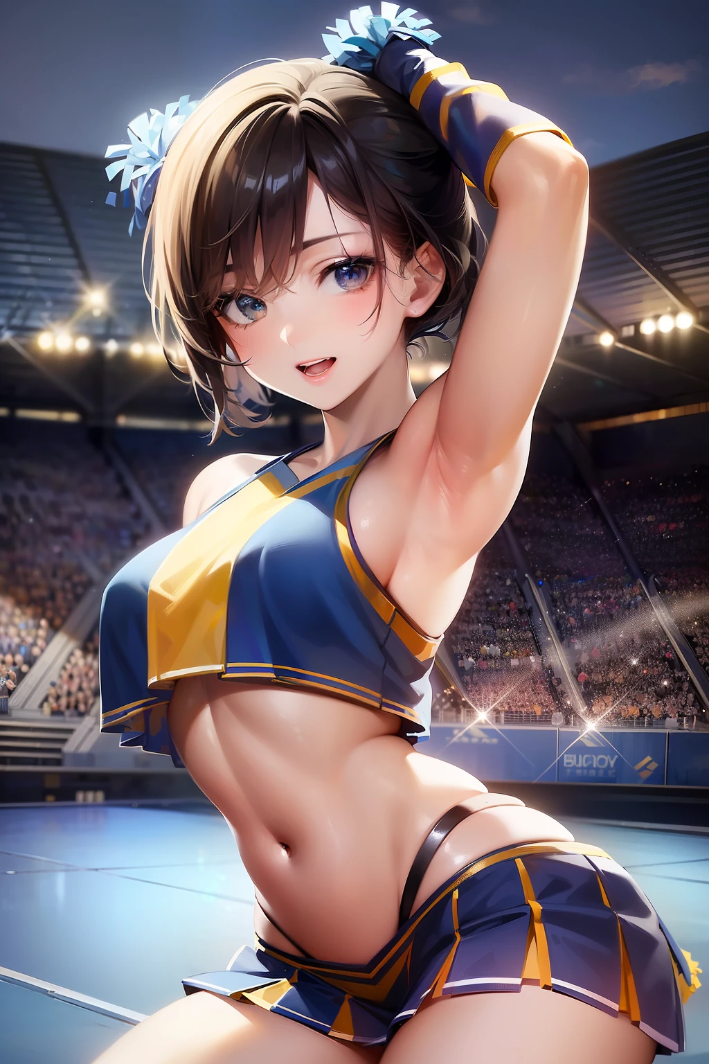 ((Best Quality, 8k, photo realistic:1.4, Masterpiece)), back Lighting, highly detailed facial textures women, 18yo, (((blue Cheerleader:1.2))), ((Stadium Background: 1.2)), arm up, ultra-detailed skin, beautiful make up, detailed shiny black eyes, smile, open mouth, shiny brown messy short hairstyles, squat pose, cowboy shot