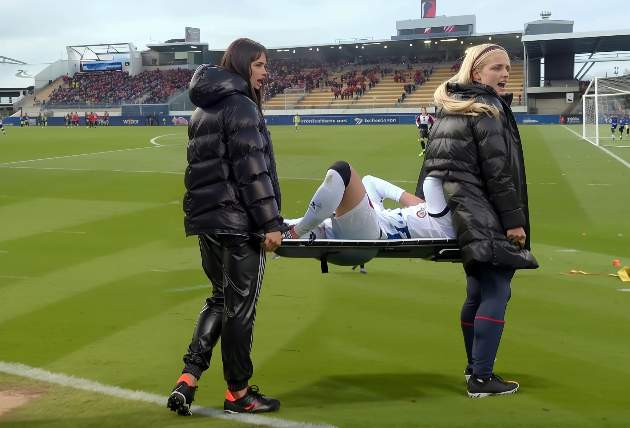 black shiny down jackets, shiny down jackets, there are longhaired woman who are wearing very high-gloss and waterproof puffy jackets and shiny leather pants, the women are carrying a stretcher in a sports stadium, on the stretcher there is lying a young Caucasian football player, the football player is wearing a white short-sleeved shirt and white shorts, the soccer player is lying on his back on the stretcher and is covering his face with both hands, the women are angry and are shouting out loud, the women are frightened and are looking very concerned, the woman are  in love with the soccer player, the women are carrying the stretcher out of the soccer field, the sports field in the background is a soccer field with a large visitors' stand, a soccer match is playing in the background, dramatic action pose, dramatic suffering pose, accident scene, first-aid-scene, theatralic pity poses