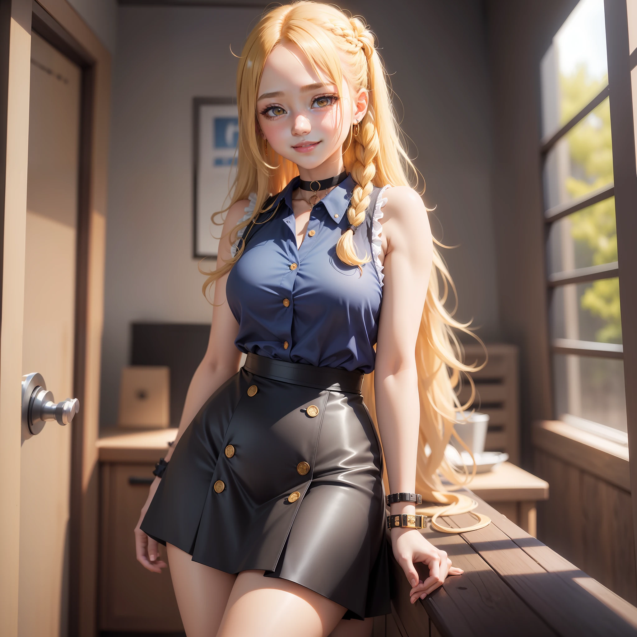best quality, ultra high res, 1girl, sleeveless blue button shirt, black skirt, black choker, cute, (Kpop idol), (aegyo sal:1), (golden blonde hair:1), long braided hair, ((puffy eyes)), looking at viewer, full body, facing front, glow skin, smile, thick ass