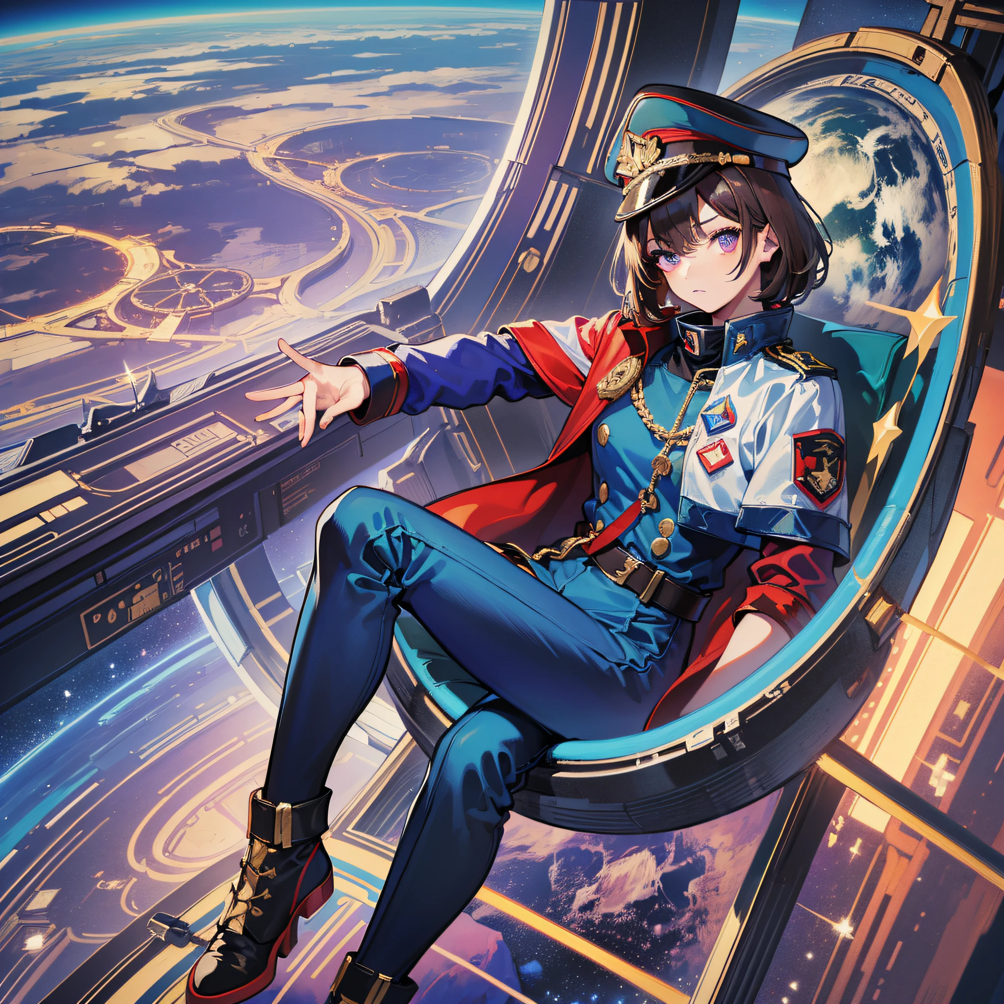 ((Masterpiece)), ((highest image quality)), ((highest image quality)), (illustration of one girl), full body, 25 years old, neutral, elite, brown-haired very short hair, purple eyes, ((tall)), ((muscular strong body)), (military uniform)), ((military hat)), ((military coat)), (dark blue clothes), (dark blue pants), ((red hat)), trench coat, (((in spaceship)), ( Outside the window, space, Earth seen from space, spaceport)