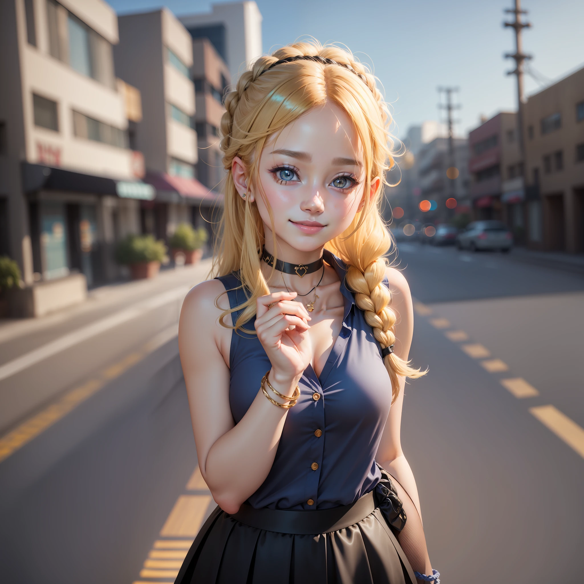 best quality, ultra high res, 1girl, sleeveless blue button shirt, black skirt, black choker, cute, (Kpop idol), (aegyo sal:1), (golden blonde hair:1), long braided hair, ((puffy eyes)), looking at viewer, full body, facing front, glow skin, smile, thick ass