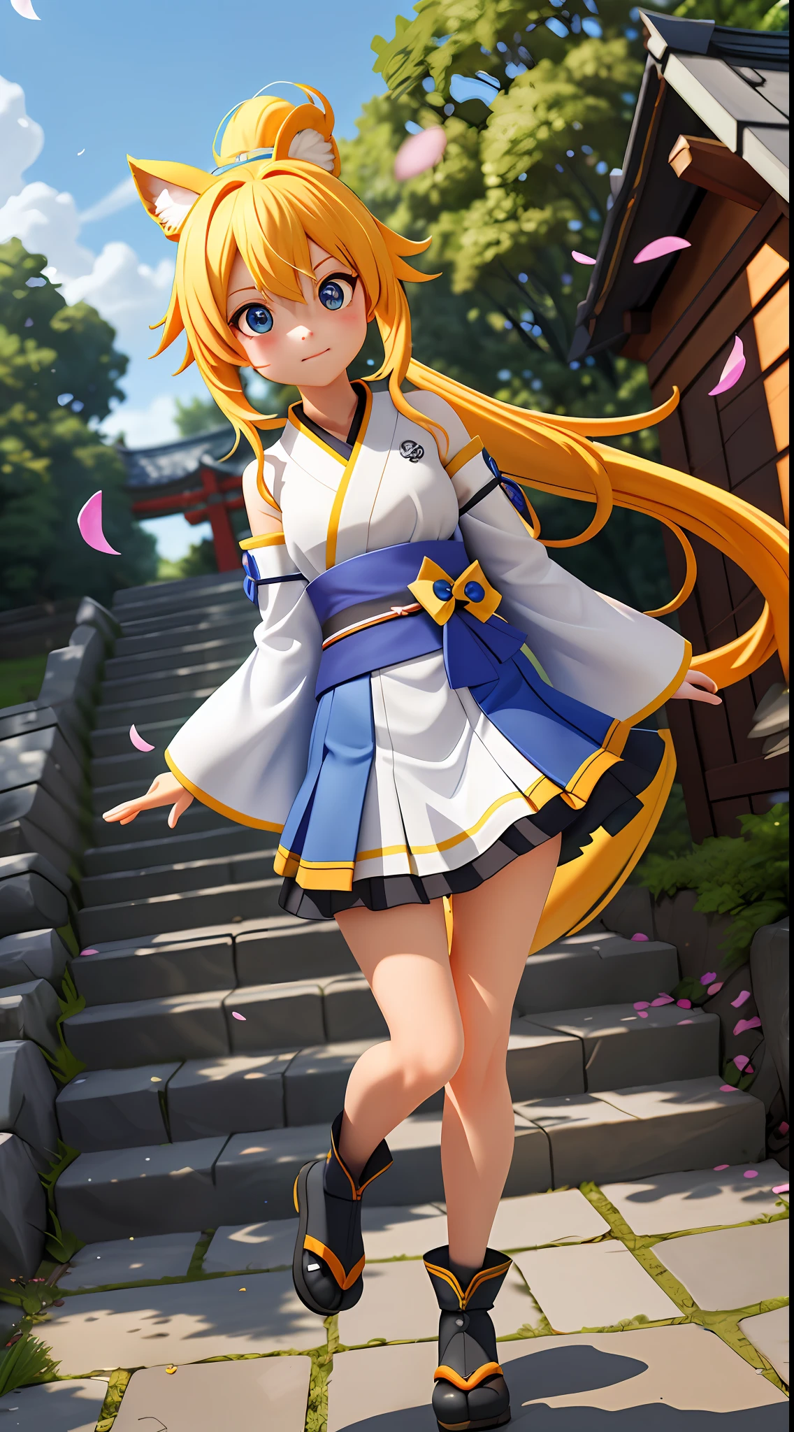 _darkness_konosuba dog, long ponytail hair, yellow hair, dog ears blue eyes, detached long sleeves, white kimono, pleated miniskirt, dogtail diffuse sunlight, depth of field, light particles, strong wind, blue sky, shrine, stone stairs, falling flower petals, facial focus