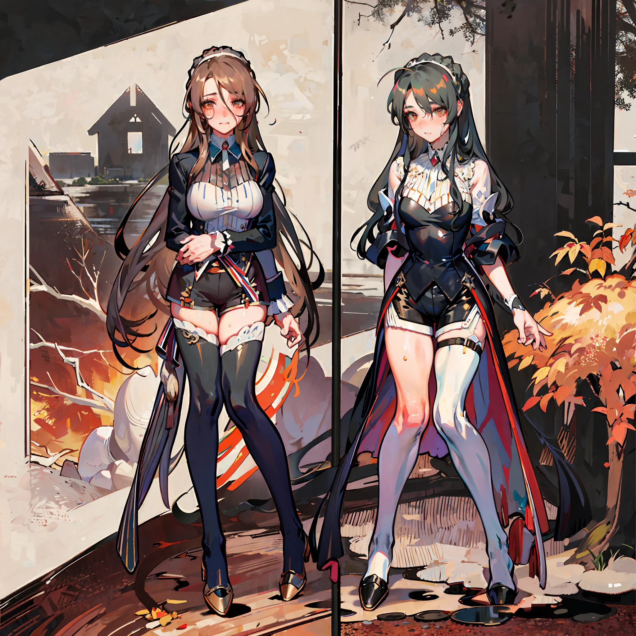 Master works, clenched teeth, over-the-knee socks, looking down, high detail, higher quality, 8k resolution, perfect figure, royal sister, black silk long legs, full body shot, hot girl, blush, curly hair, lace, hot pants, wet body, hands behind the head, autumn scene