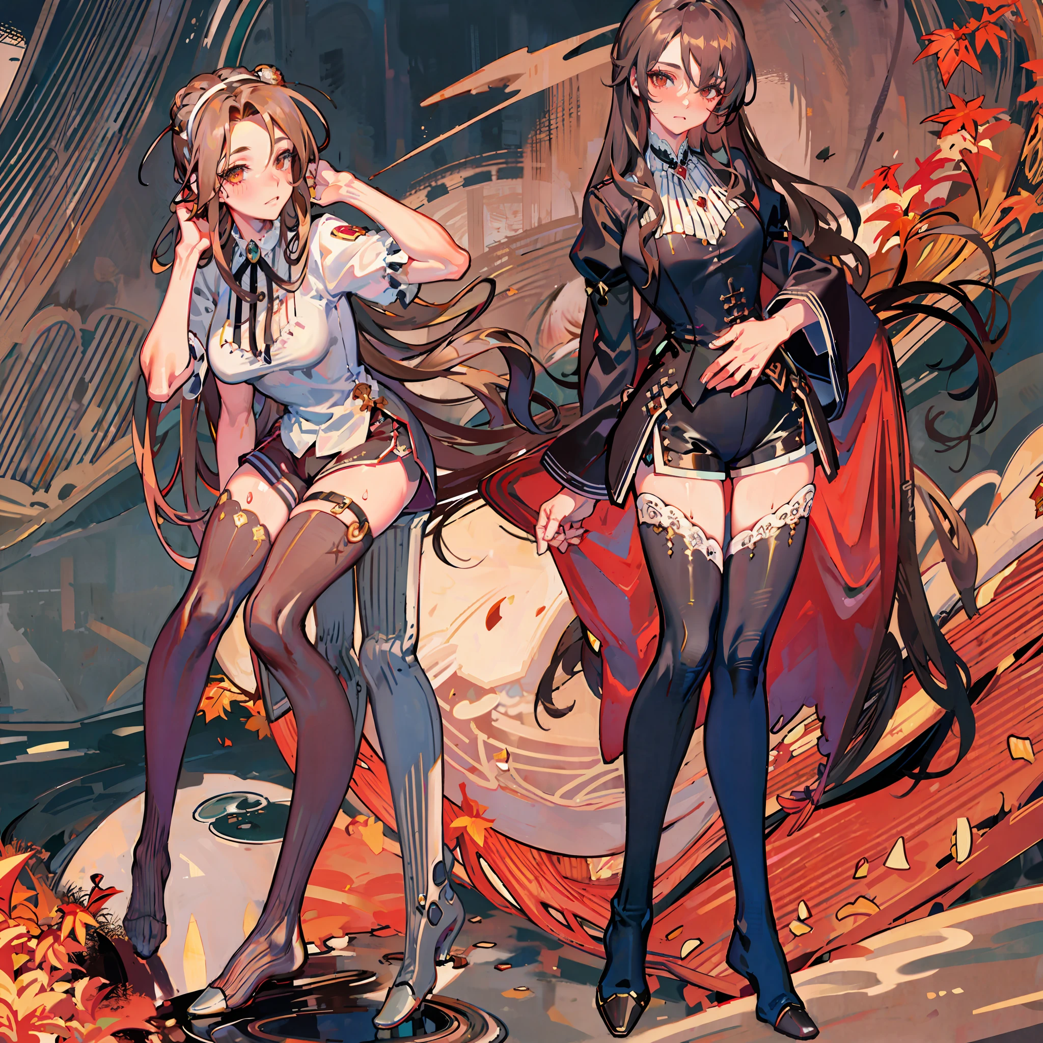 Master works, clenched teeth, over-the-knee socks, looking down, high detail, higher quality, 8k resolution, perfect figure, royal sister, black silk long legs, full body shot, hot girl, blush, curly hair, lace, hot pants, wet body, hands behind the head, autumn scene