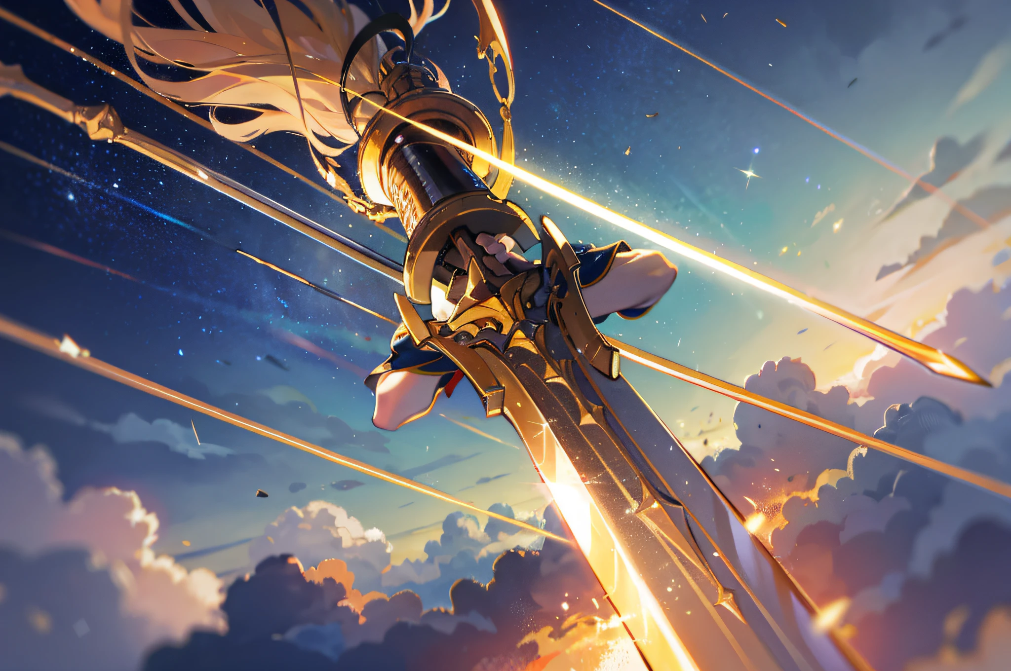 A close-up of a weapon, a sword glowing with golden light, a long sword, the sky in the background,