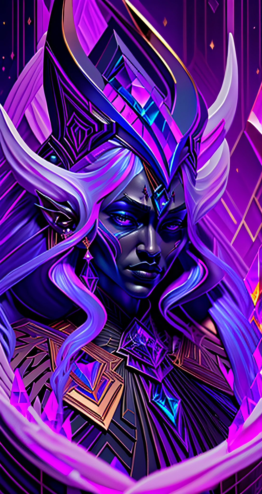 A tarot512 (masterpiece, 4k, ultra detailed, raw photo:1.2), illustration, (Art Deco:1.2), (minimalism:1.2), (CCDDA Artstyle:1.0),
(bluish black skin:1.2), (dark skin:1.1), (beautiful face:1.0),
amethyst polished gemstone, refraction, black glass, reflection, crystalline armor, crystals,
white hair, pointy ears, demon queen, skinny drow, beautiful angular face, glowing, purple eyes, demon (horns:1.2), very long flowing hair, (puffy lips:1.1), huge lips,
glowing jewelry, crystals, purple and gold, earrings, brooch, high neck, (detailed floral patterns, intricate geometric patterns:1.1),
