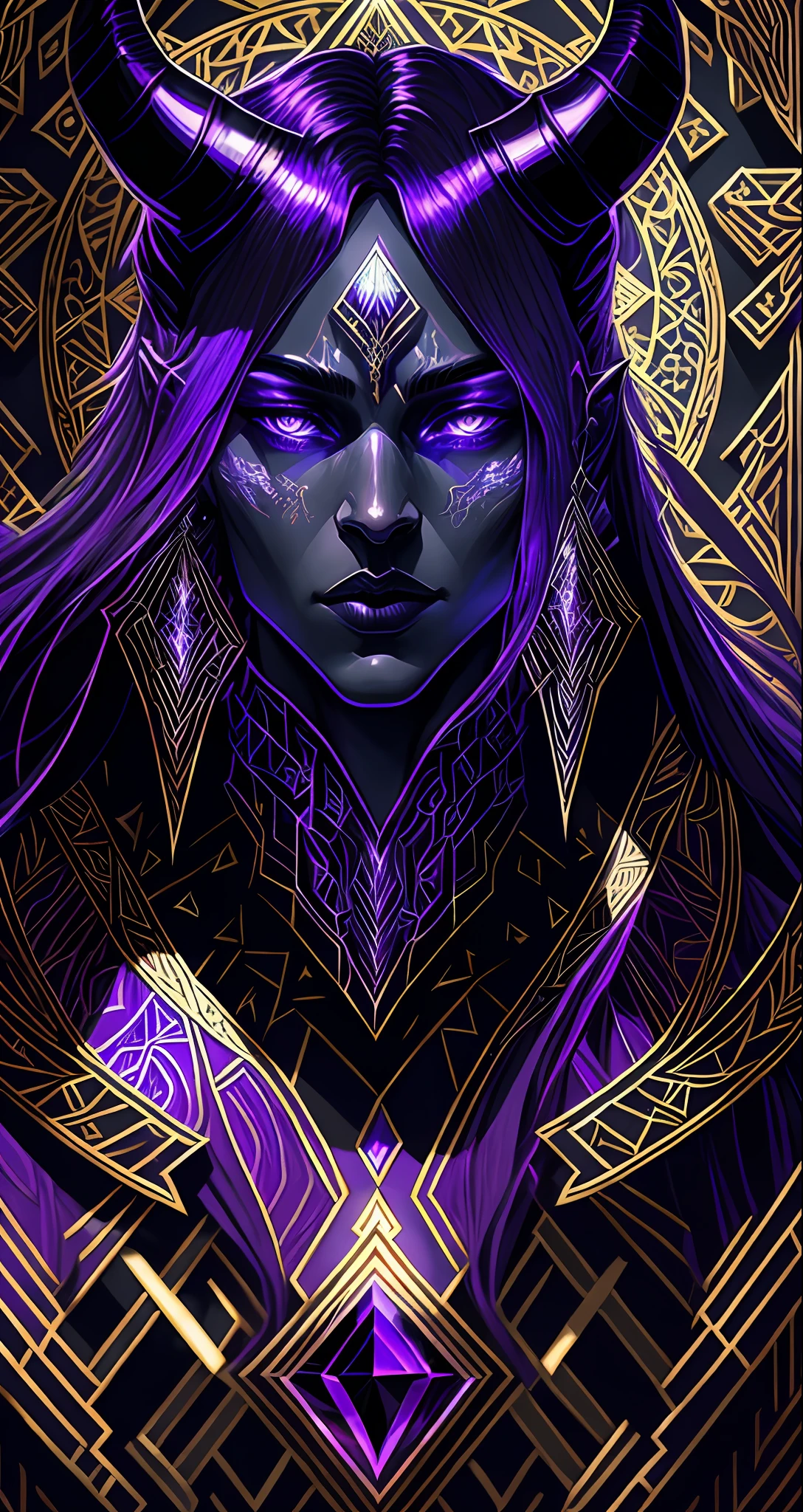 A tarot512 (masterpiece, 4k, ultra detailed, raw photo:1.2), illustration, (Art Deco:1.2), (minimalism:1.2), (CCDDA Artstyle:1.0),
(bluish black skin:1.2), (dark skin:1.1), (beautiful face:1.0),
amethyst polished gemstone, refraction, black glass, reflection, crystalline armor, crystals,
white hair, pointy ears, demon queen, skinny drow, beautiful angular face, glowing, purple eyes, demon (horns:1.2), very long flowing hair, (puffy lips:1.1), huge lips,
glowing jewelry, crystals, purple and gold, earrings, brooch, high neck, (detailed floral patterns, intricate geometric patterns:1.1),