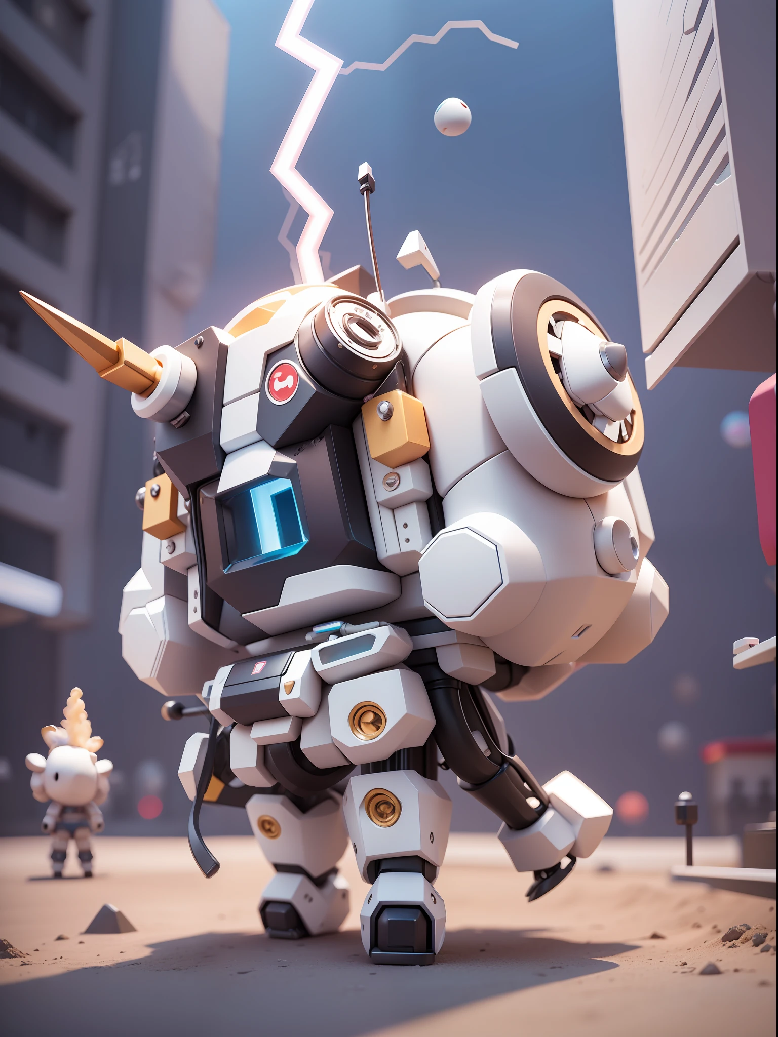 (Mechanical, Sheep 1.331), (Mechanical Sheep Tail), Unicorn, Cute Style, Small, Big Head, 3D Rendering, ((Q Version)), Pokémon Style, Machine Style, Cinematic Texture, Figure, Pokémon, Movie Lights, Heavy Robotic Arm, Mechanical Belly, Mechanical Legs, Mechanical Legs, Mechanical Sense, Background Surround Lightning, Spinning, Colorful Lightning, Lightning, Cool, Clean White Background, Ray Tracing, Premium Color, Full Body 3D Model, Action, Stylish Blind Box Toys. (fill body:1.2)，chibi