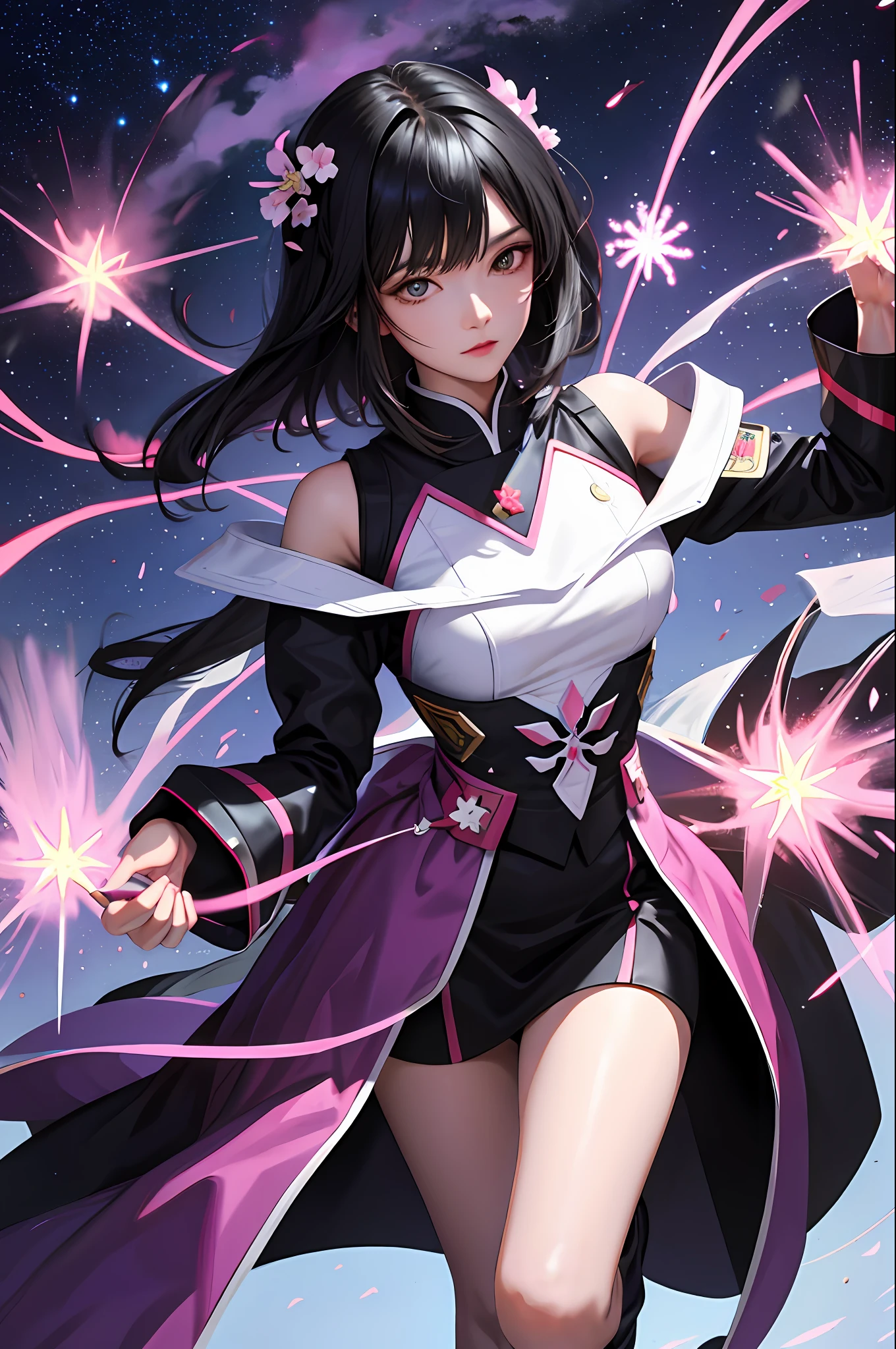masterpiece, top quality, black hair straight, masterpiece, battle suit with sakura pattern, luminescent black hair straight hair, starry sky, purple fire beam, sakura flower, battle scene