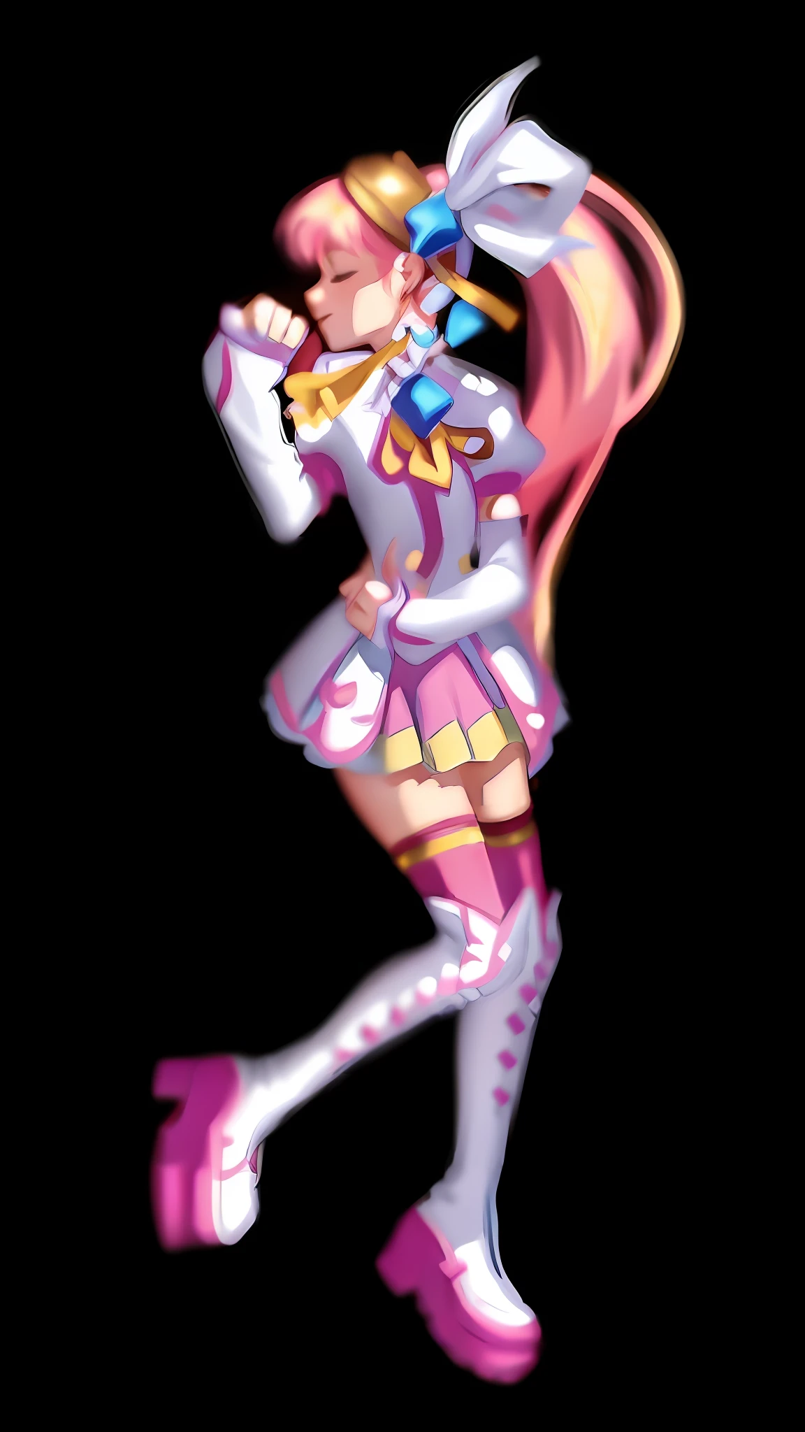 (Masterpiece: 1.5), (Best quality: 1.5), 8k, (Perfect hand: 1.5), 1 girl, eyes closed, mouth closed, pink hair, single ponytail, white top, pink pleated skirt, pink over-the-knee socks, white boots, (no background: 1.5), skinny legs, (cat's claw gesture: 1.5),