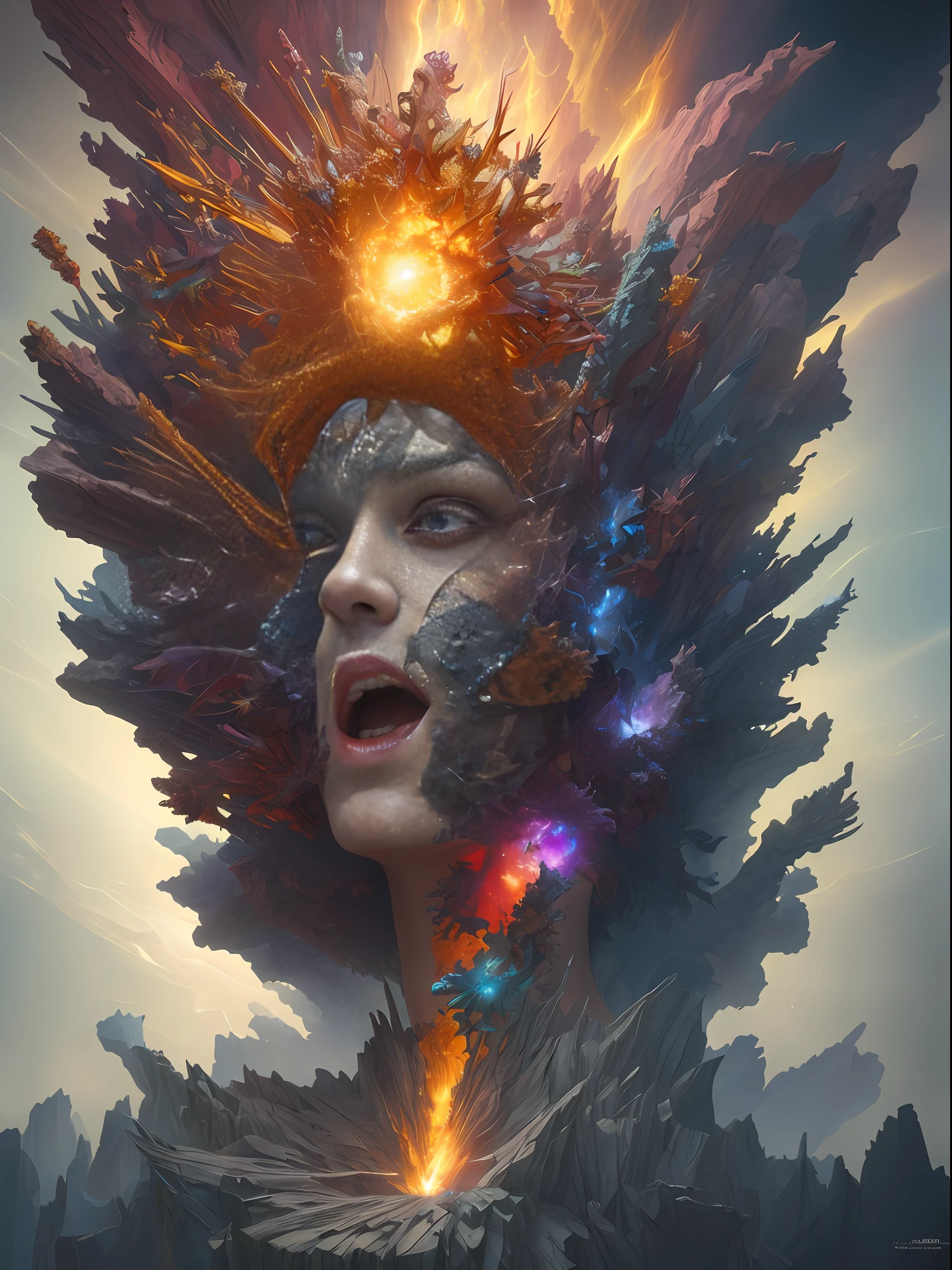 Fragmented Supernova - Fractured Shards of Crumbling Beauty" Beautiful; Voxel Fractals; Decadent; Hyper Detailed; Cubic; Complex; Fragments; shatterd,Surreal; Eldritch; Deep Colours; Cinematic; 8K; Photorealistic; By Tom Bagshaw; Ryohei Hase; Junji Ito; Sandra Chevrier; Beeple; Ralph Horsley; Roberto Ferri; Michael Kaluta; Victor Adame Minguez; Todd McFarlane; Alphonse Mucha; Erik Johansson. Octane Render; SFX; Ambient Occlusion; Photorealistic
