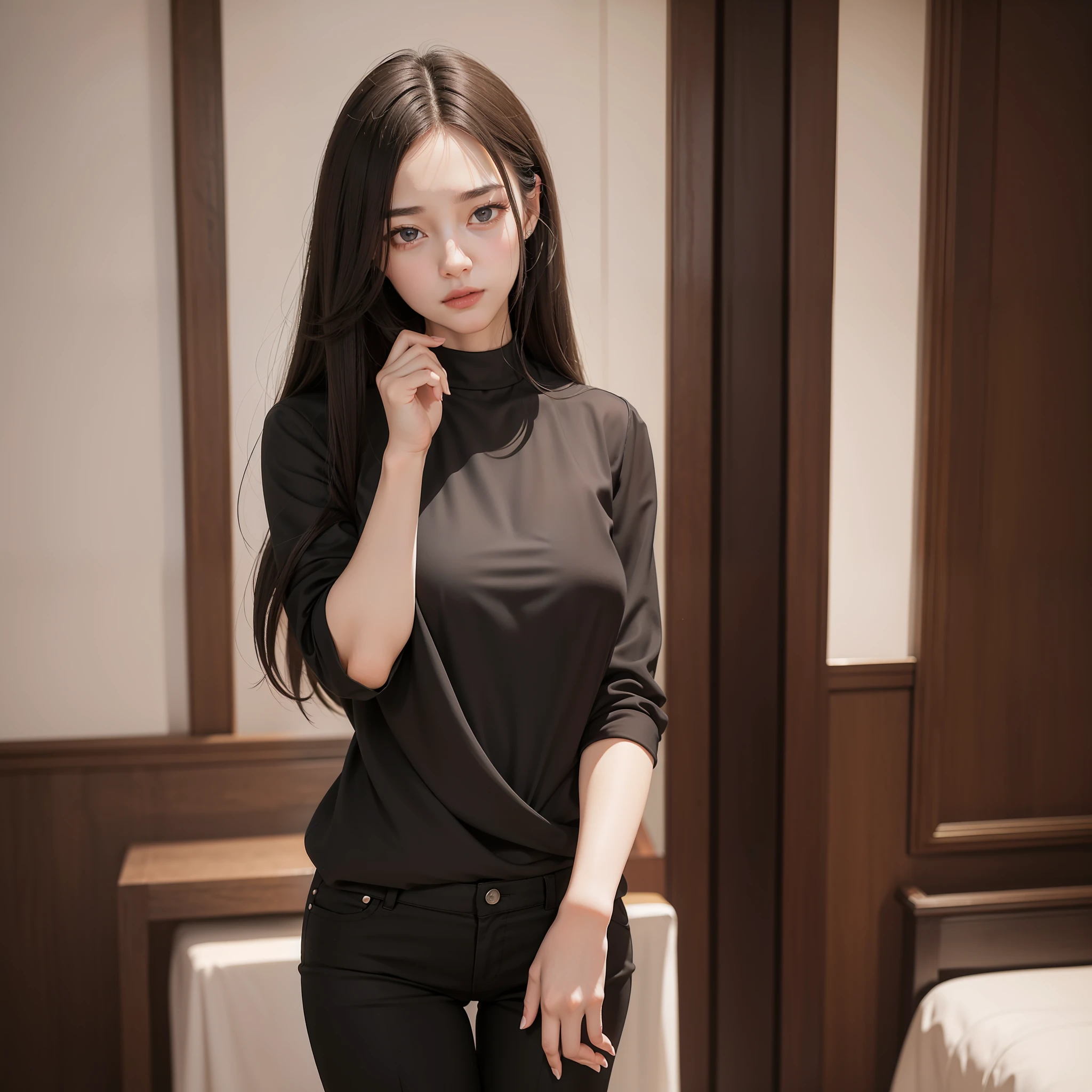 A vixen-like beauty, graceful, beautiful face, charming eyes, black hair, ((conservative clothing)), long-sleeved shirt, long pants, noble, elegant, masterpiece:1.2), best quality, masterpiece, hires, original, extremely detailed wallpaper, perfect lighting, (realism: 1.4), (photoquality), professional photography, depth invisibility