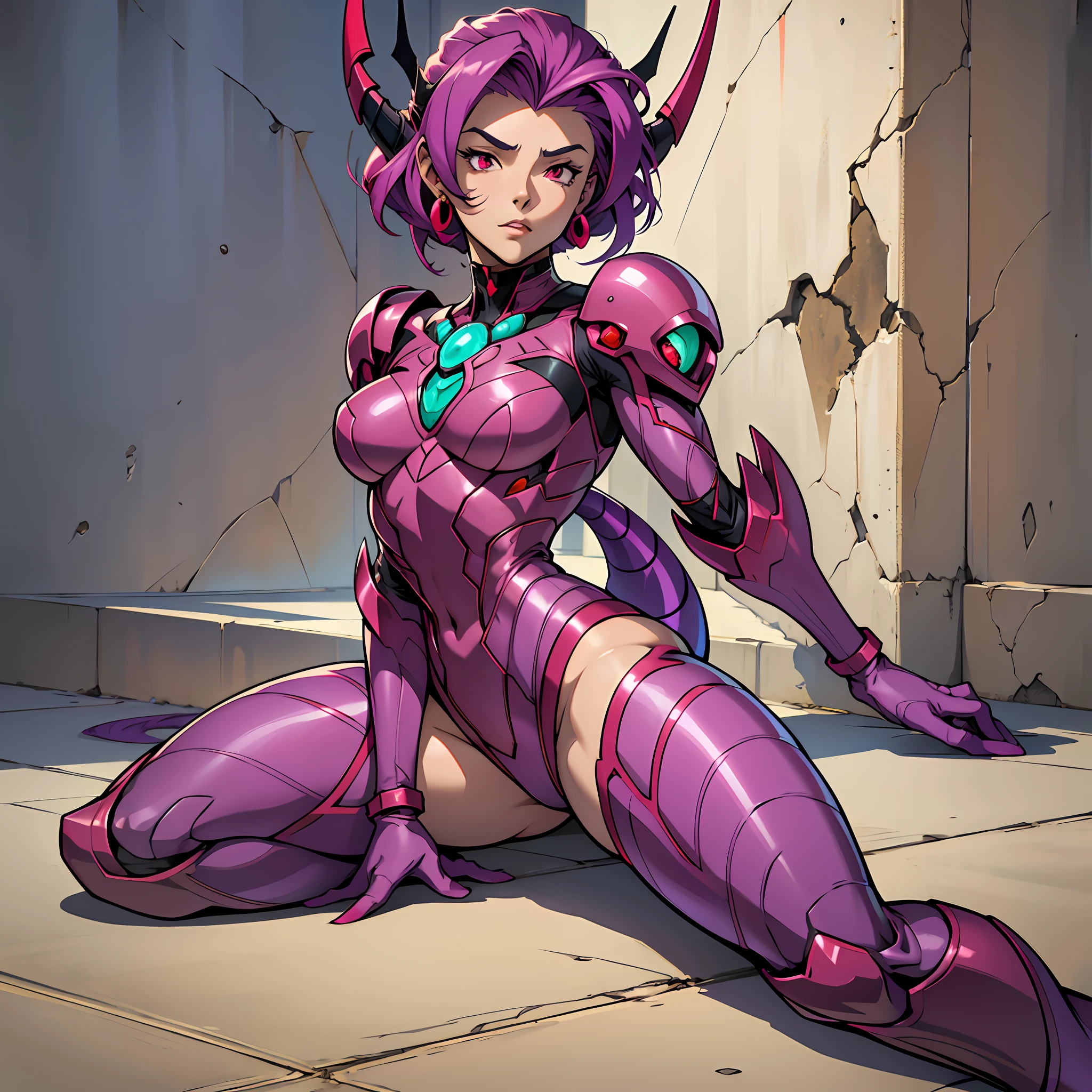 Cartoon photo of a woman in a purple and red costume, hot insect humanoid woman, Guyver style, SFW version, red eye, scaraber reploid, bellows tail, cel shade adult animation, alien queen, serpentine pose, --auto --s2