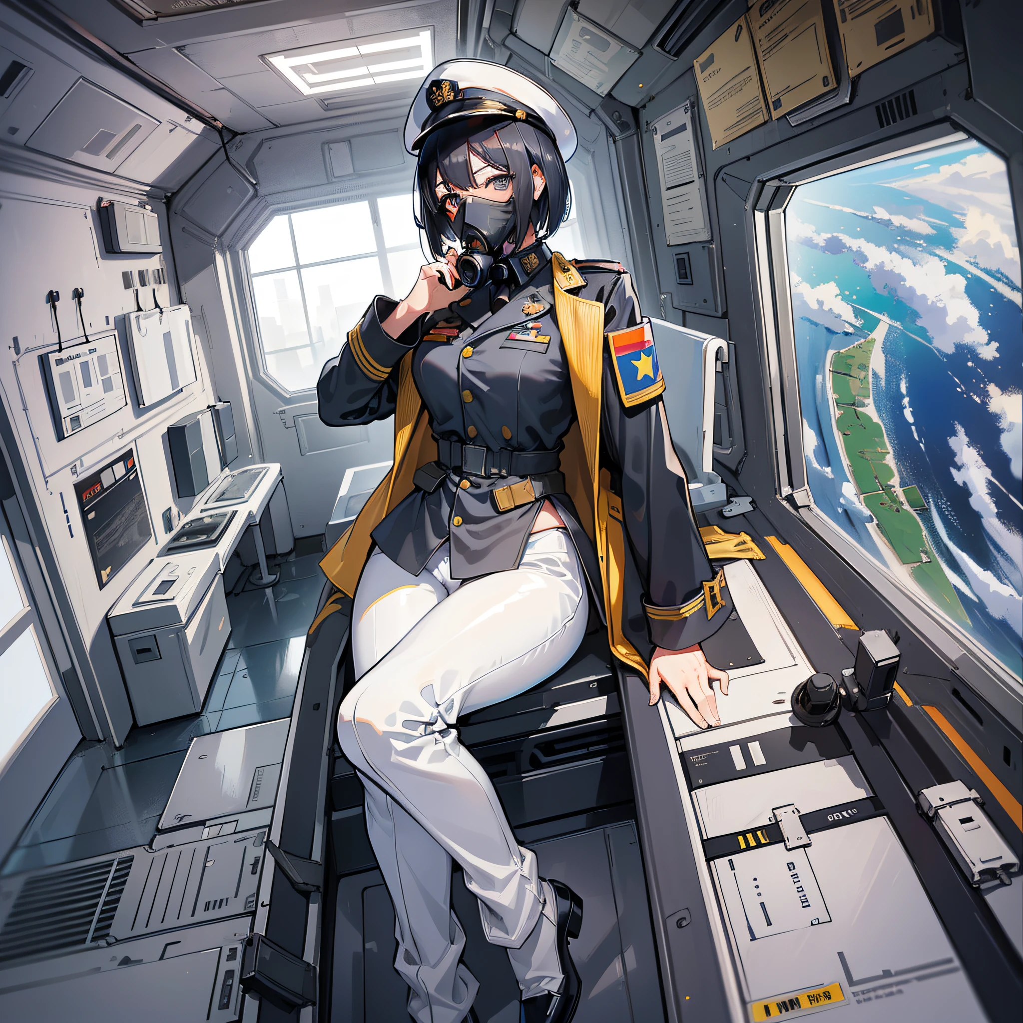 ((Masterpiece)), ((Best Quality)), ((Best Quality)), (Illustration of One Girl), Full Body, 25 Years Old, (Admiral), Black Hair Bob Cut, (((Gas Mask Covering Face)), Gray Eyes, (Tall)), ((Military Uniform)), ((Military Uniform)), (Military Hat)), ((Army Coat)), (White Clothes), (White Pants), (White Hat), Trench Coat, ((Inside the Spaceship)), (Outside the Window, Space, Earth seen from space, spaceport)