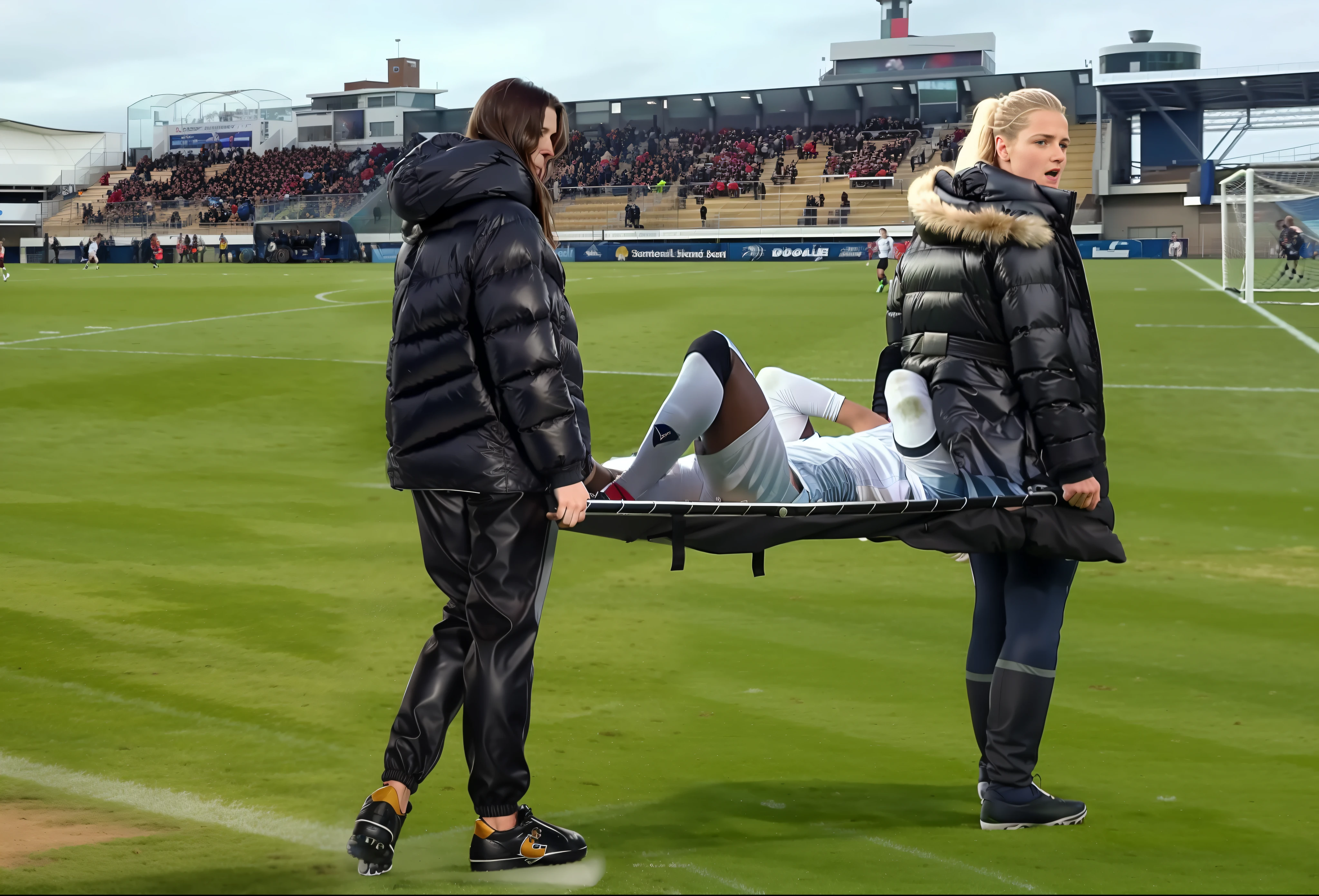 black shiny down jackets, shiny down jackets, there are longhaired woman who are wearing very high-gloss and waterproof puffy jackets and shiny leather pants, the women are carrying a stretcher in a sports stadium, on the stretcher there is lying a young Caucasian football player, the football player is wearing a white short-sleeved shirt and white shorts, the soccer player is lying on his back on the stretcher and is covering his face with both hands, the women are angry and are shouting out loud, the women are frightened and are looking very concerned, the woman are  in love with the soccer player, the women are carrying the stretcher out of the soccer field, the sports field in the background is a soccer field with a large visitors' stand, a soccer match is playing in the background, dramatic action pose, dramatic suffering pose, accident scene, first-aid-scene, theatralic pity poses