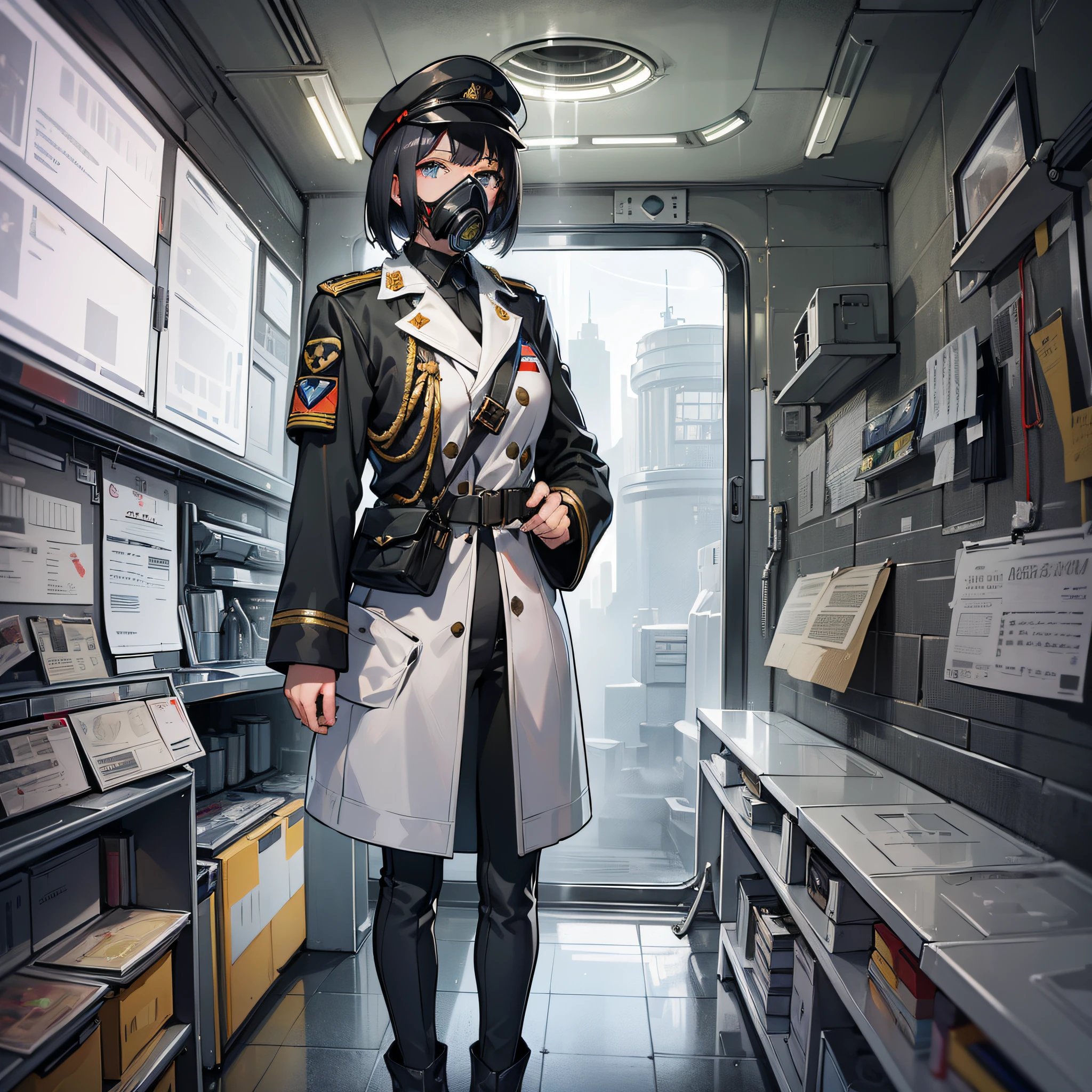 ((Masterpiece)), ((Best Quality)), ((Best Quality)), (Illustration of One Girl), Full Body, 25 Years Old, (Admiral), Black Hair Bob Cut, (((Gas Mask Covering Face)), Gray Eyes, (Tall)), ((Military Uniform)), ((Military Uniform)), (Military Hat)), ((Army Coat)), (White Clothes), (White Pants), (White Hat), Trench Coat, ((Inside the Spaceship)), (Outside the Window, Space, Earth seen from space, spaceport)