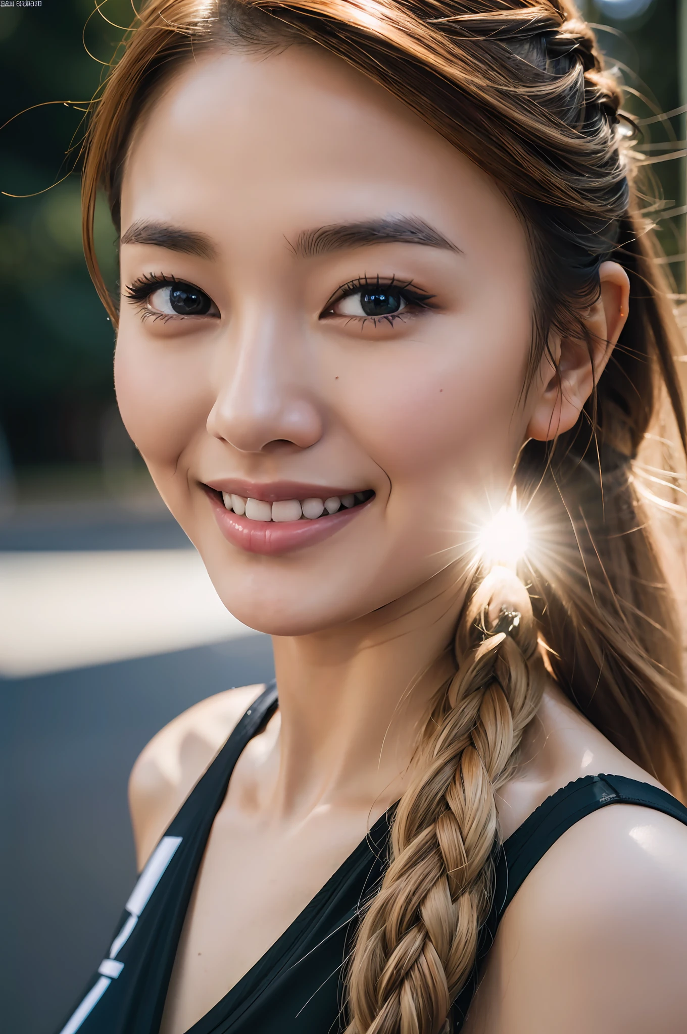 (8k, raw photo), film grain, ultra high resolution, ultra detail, (super skin detail), incredibly absurd, strong rim lights, asian, slim girl, seductive smile, staring, small, tattoo, braided hair, blonde hair, ((light brown hair)), (photoreal: 1.3) daylight, 1 girl, outdoor, (black shirt: 1.2), (urban)))), (highly detailed face), (bangs) , naked body, cycling girls, cycling, cycling wear, bicycle, road bike, sport, tour de France, (road bike), (cycle wear women)
