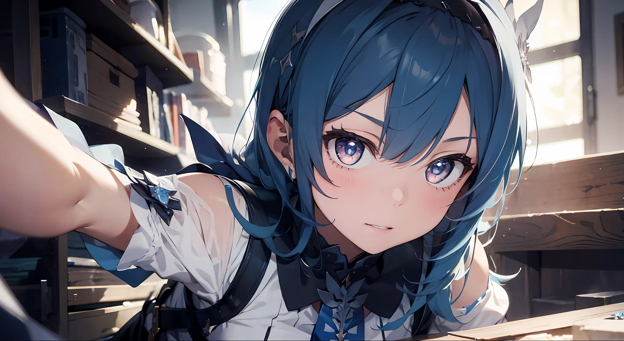 1girl, (solo:1.2), ((masterpiece)), [slim], (small breasts), pale skin, ((detailed eyes)), (background blur), euladef, blue hair