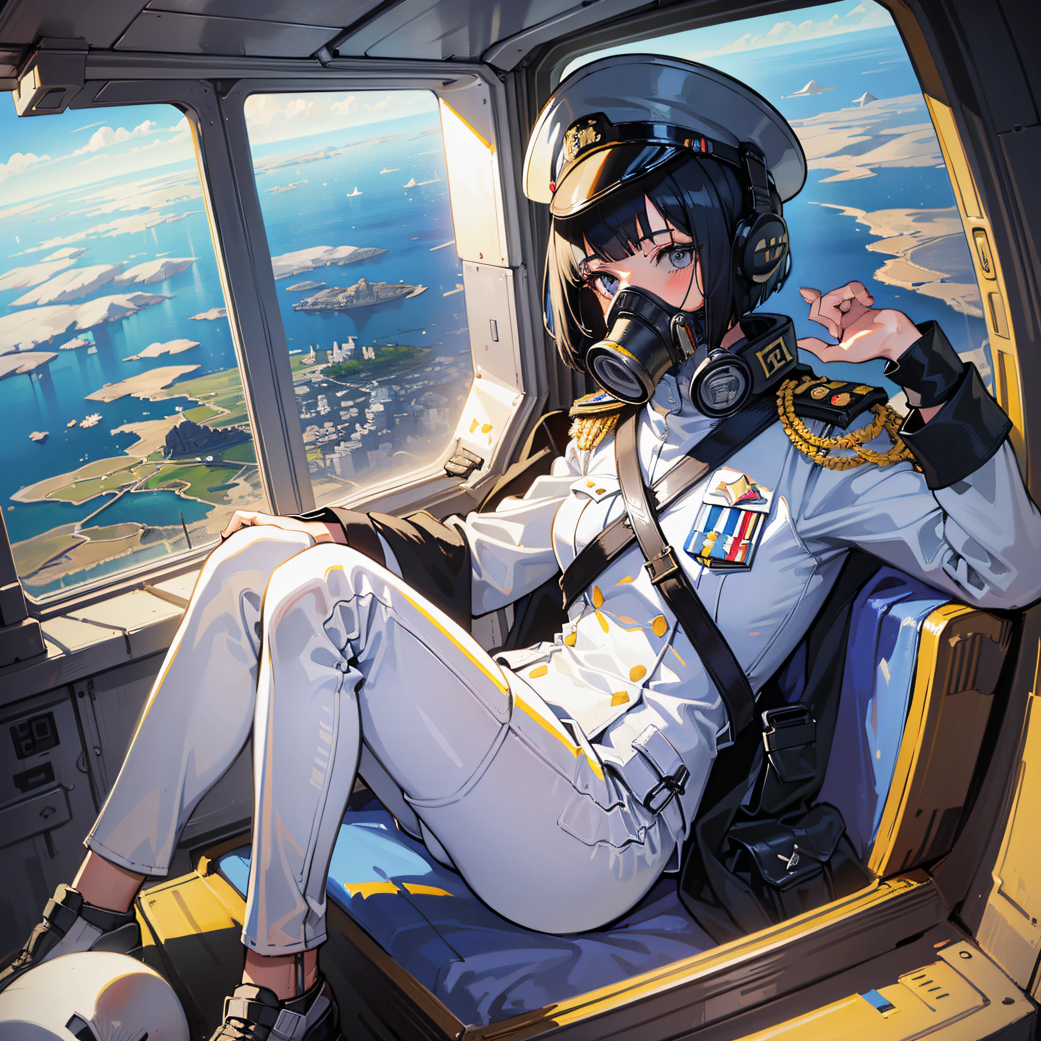 ((Masterpiece)), ((Best Quality)), ((Best Quality)), (Illustration of One Girl), Full Body, 25 Years Old, (Admiral), Black Hair Bob Cut, (((Gas Mask Covering Face)), Gray Eyes, (Tall)), ((Military Uniform)), ((Military Uniform)), (Military Hat)), ((Army Coat)), (White Clothes), (White Pants), (White Hat), Trench Coat, ((Inside the Spaceship)), (Outside the Window, Space, Earth seen from space, spaceport)