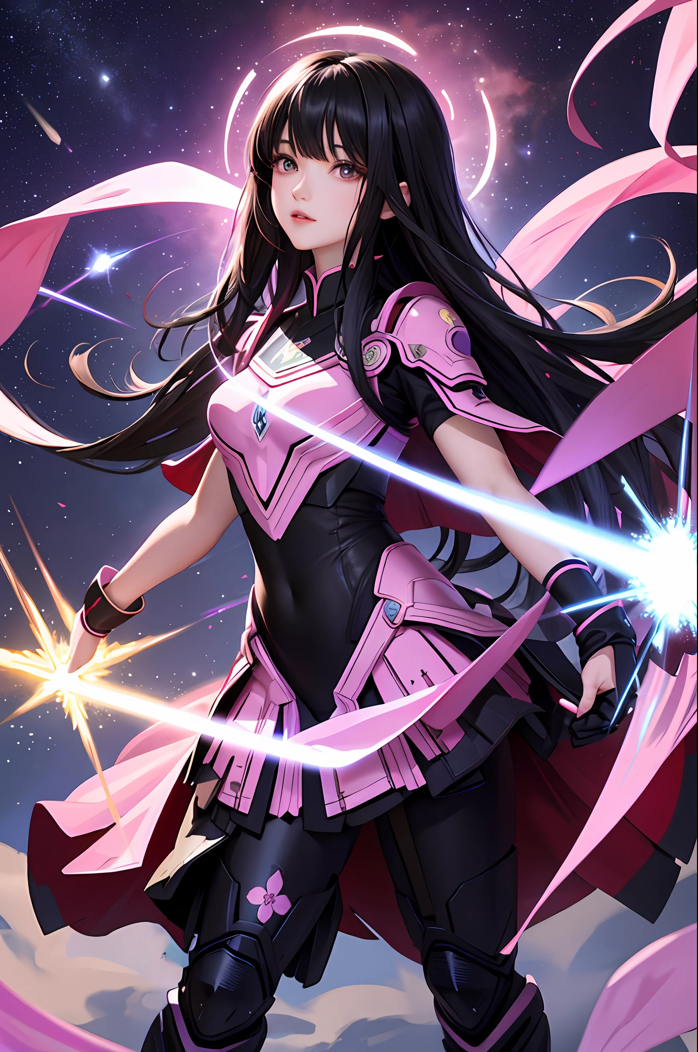 masterpiece, top quality, black hair straight, masterpiece, battle suit with sakura pattern, luminescent black hair straight hair, starry sky, purple fire beam, sakura flower, battle scene