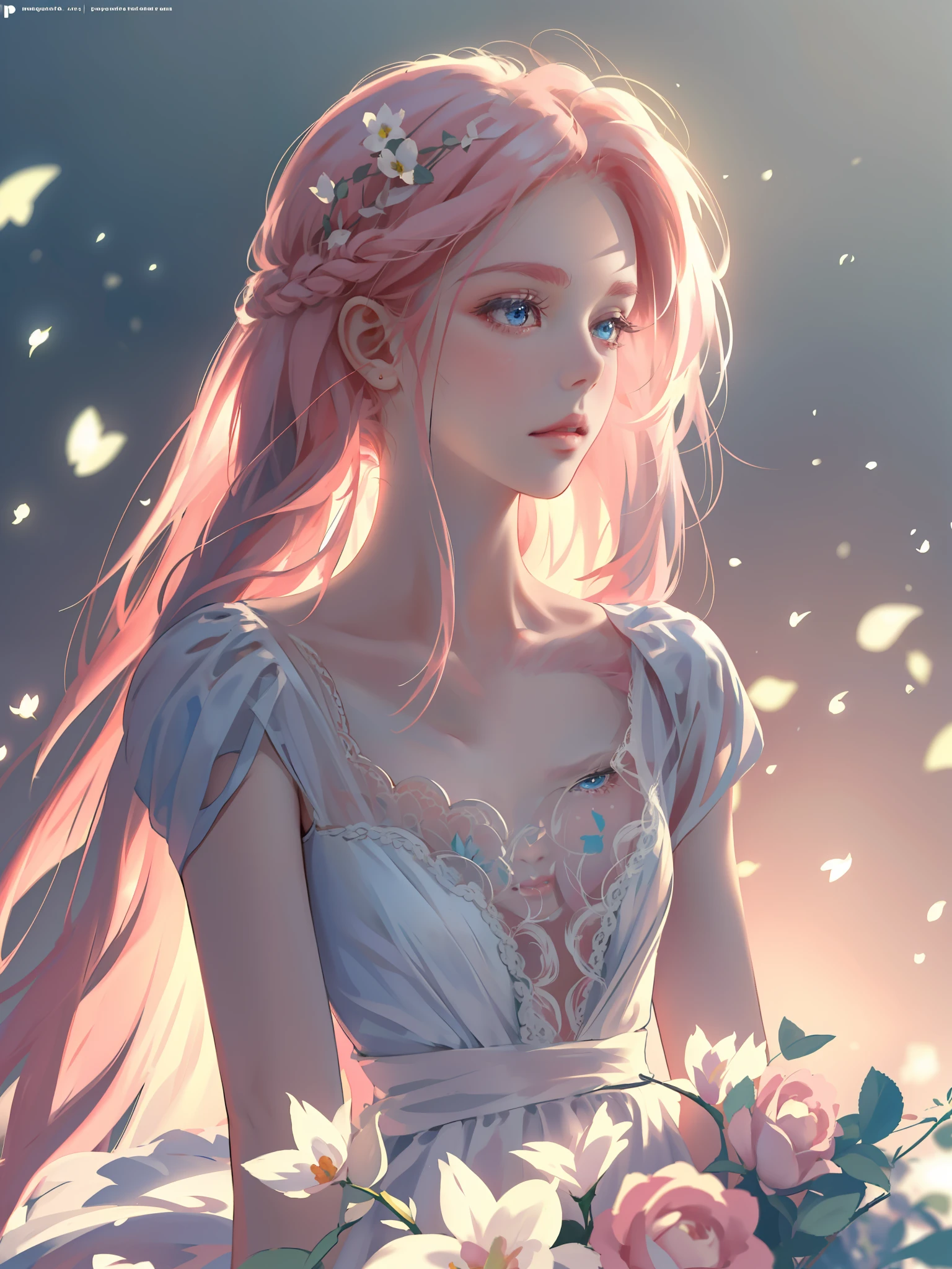 ((Masterpiece)), high quality, super detailed, pink hair + white clothing: 1.2, sweet and delicate girl, delicate facial features, perfect figure, surrounded by roses, bright bright colors, pearl white background, romantic long hair, natural light, warm and sweet, blue eyes, flower hair decoration.